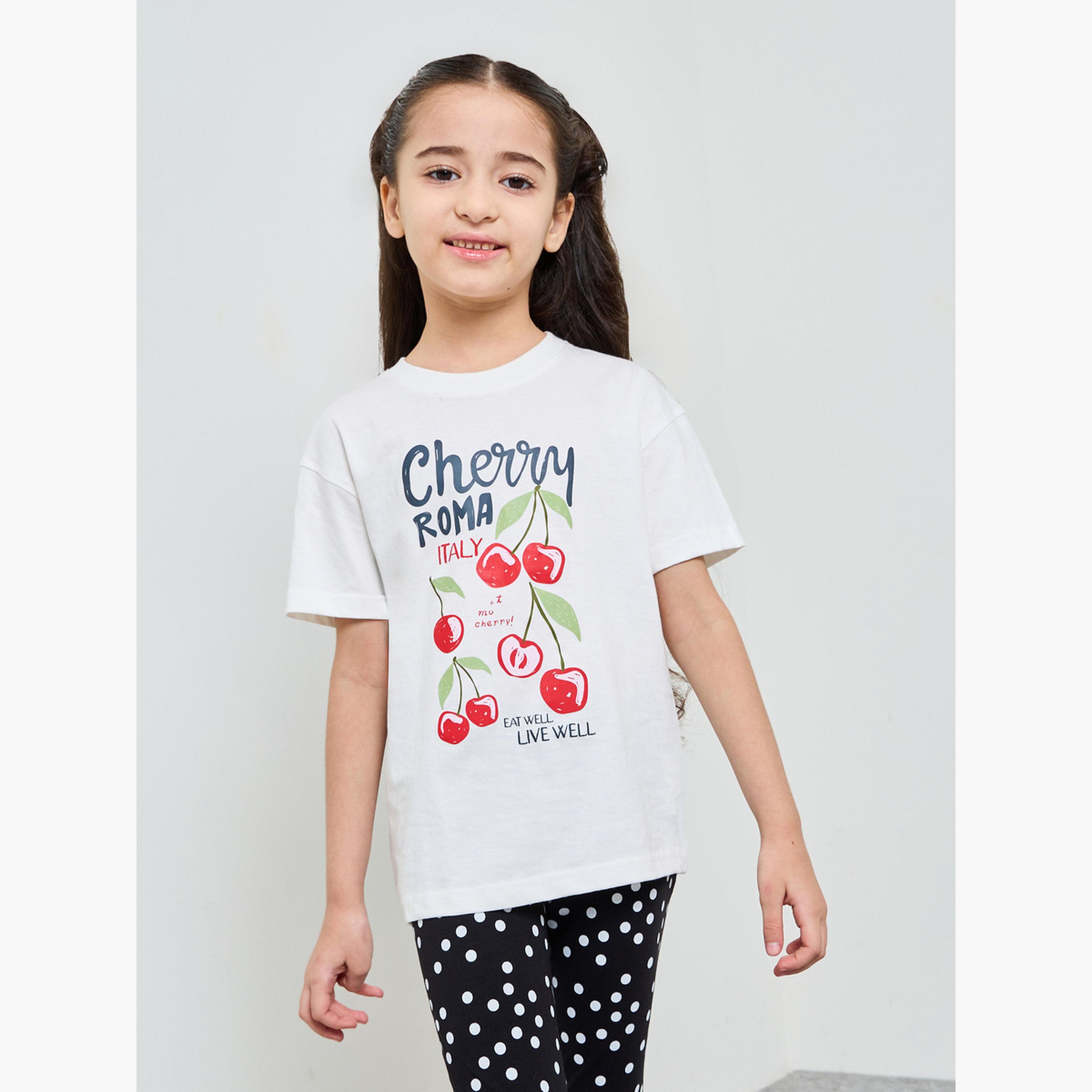 ستايلي - طقم تيشيرت مطبوع عليه الكرز وبنطال ضيق منقط للبنات-girls-clothing-setsandcoords-image-2