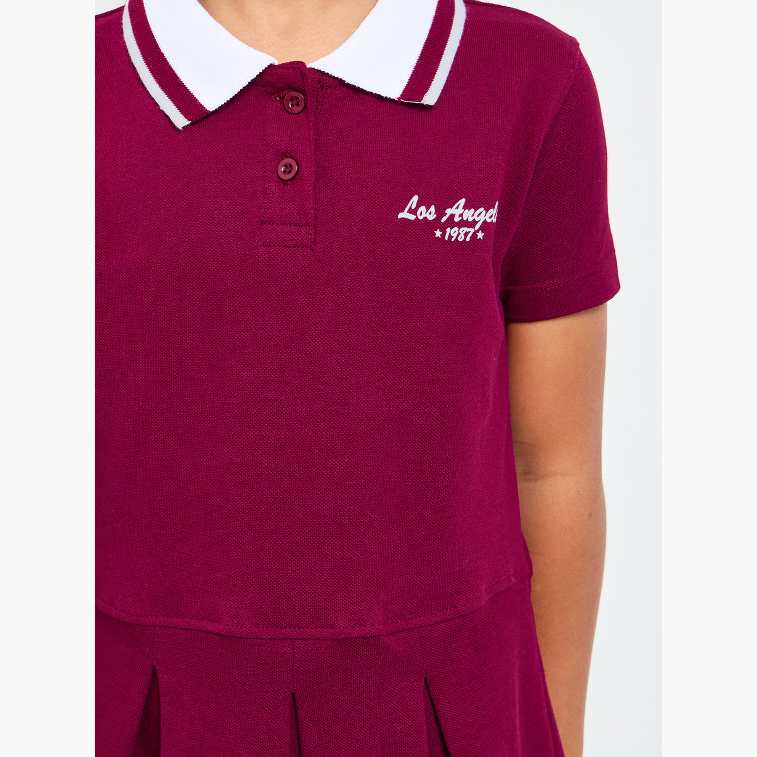 ستايلي - فستان نيشيرت بولو قطني برغندي اللون للبنات-girls-clothing-dressesandjumpsuits-image-4