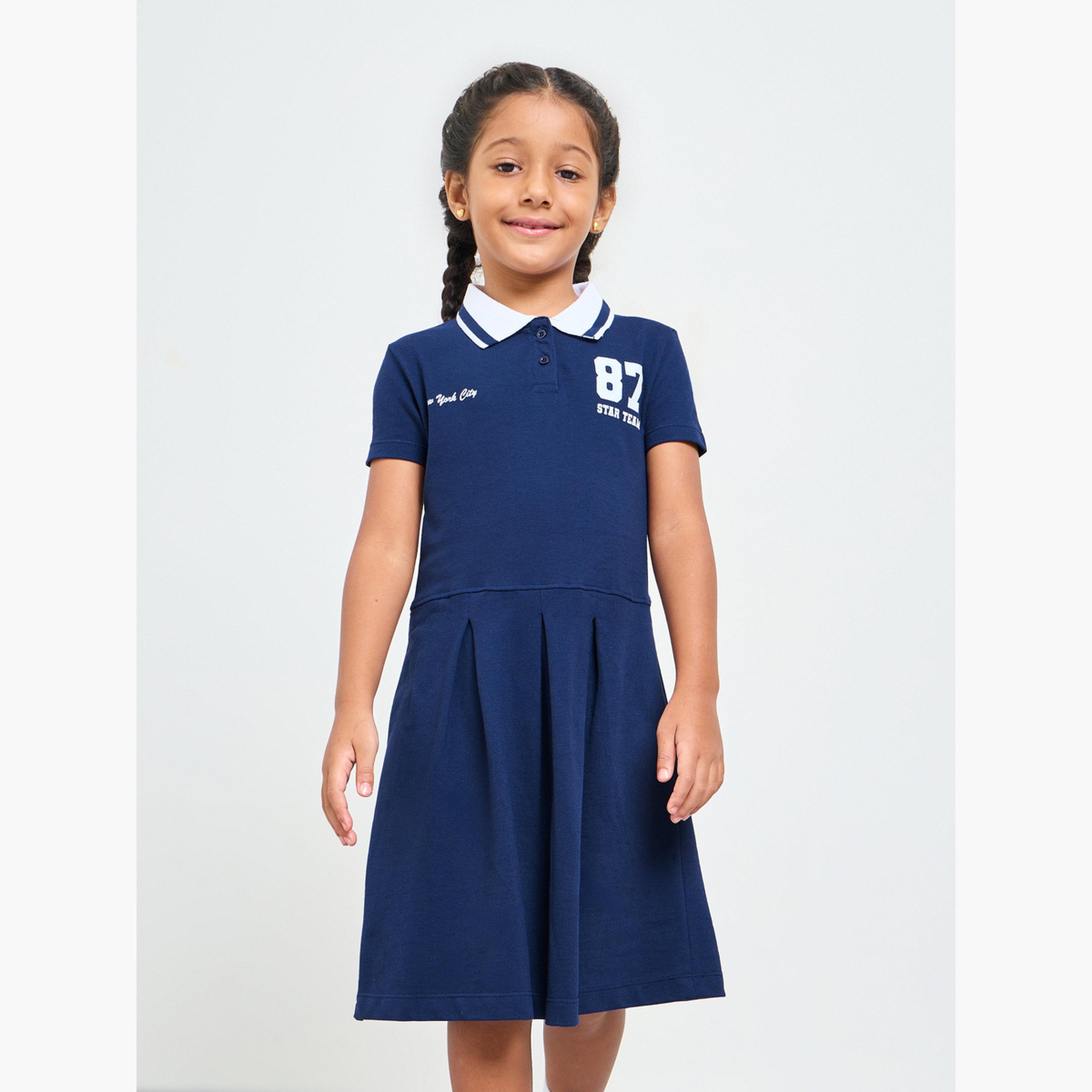 ستايلي - فستان نيشيرت بولو قطني أزرق داكن للبنات-girls-clothing-dressesandjumpsuits-image-1