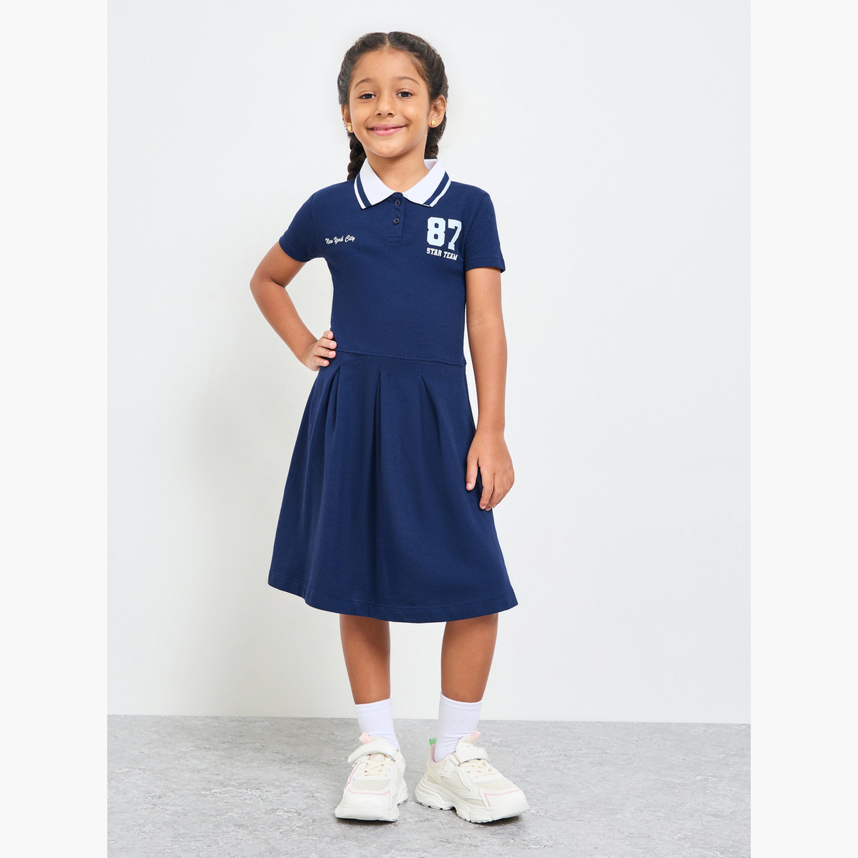 ستايلي - فستان نيشيرت بولو قطني أزرق داكن للبنات-girls-clothing-dressesandjumpsuits-image-2