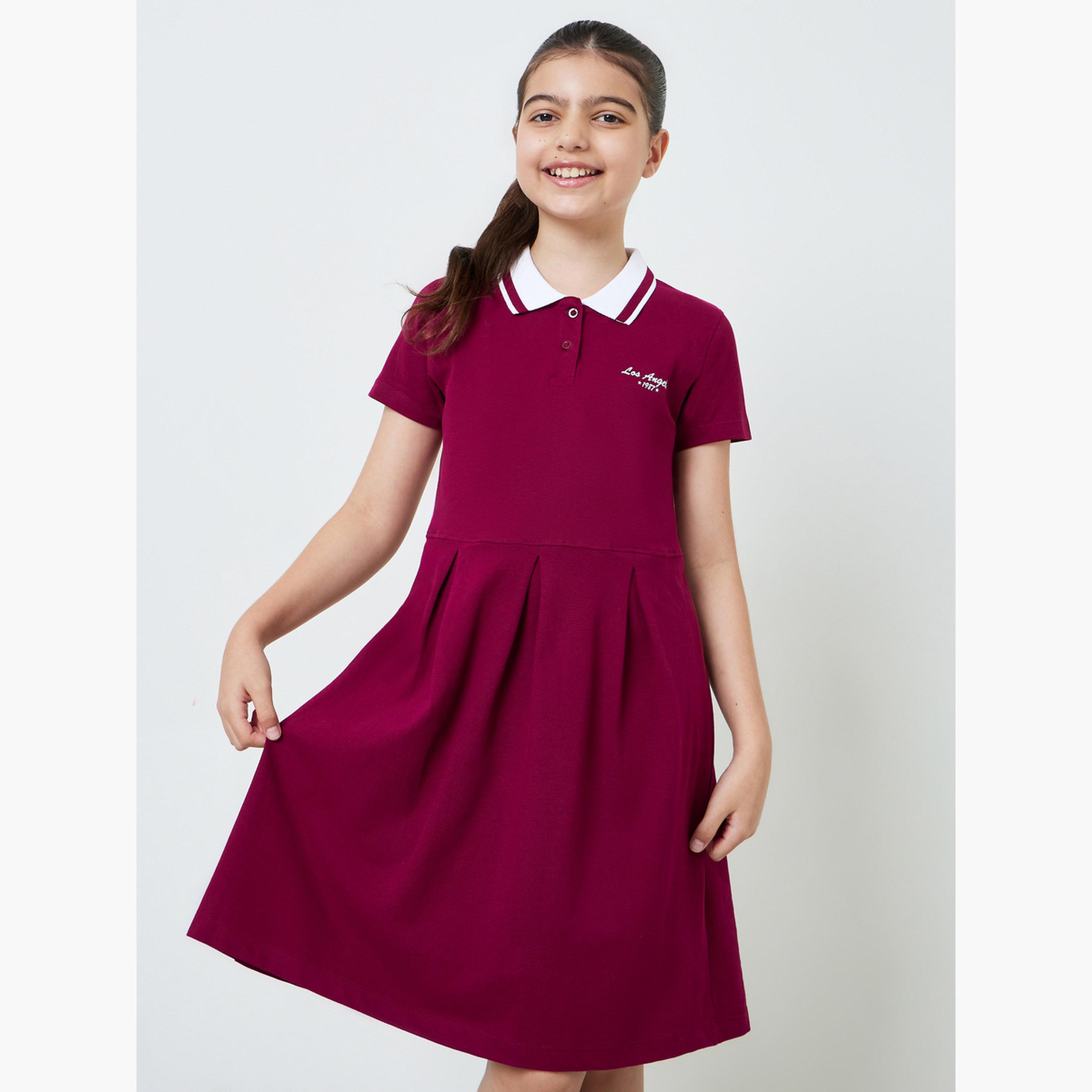 ستايلي - فستان نيشيرت بولو قطني برغندي اللون للبنات المراهقات-girls-clothing-dressesandjumpsuits-image-1