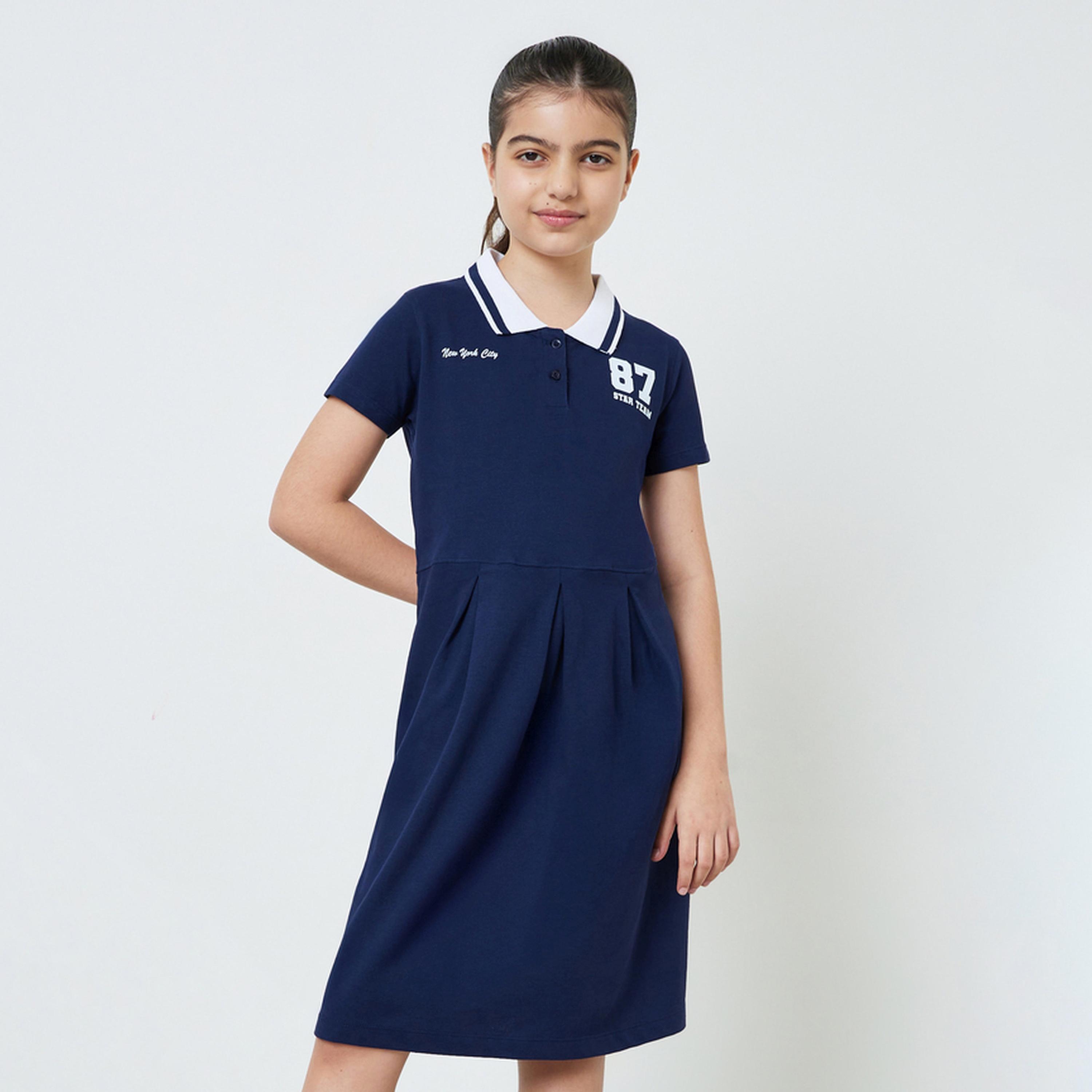 ستايلي - فستان نيشيرت بولو قطني أزرق داكن للفتيات المراهقات-girls-clothing-dressesandjumpsuits-image-1