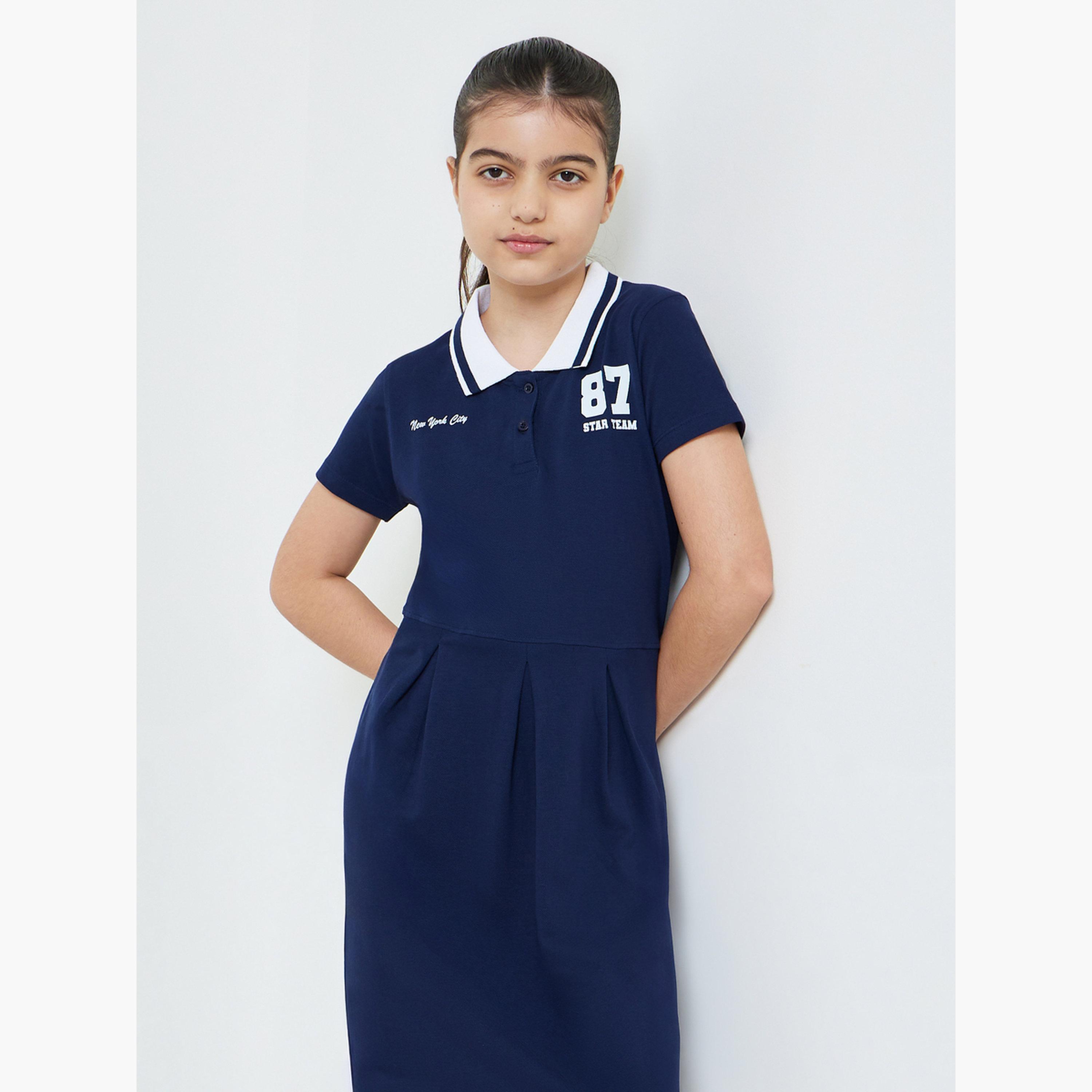 ستايلي - فستان نيشيرت بولو قطني أزرق داكن للفتيات المراهقات-girls-clothing-dressesandjumpsuits-image-4