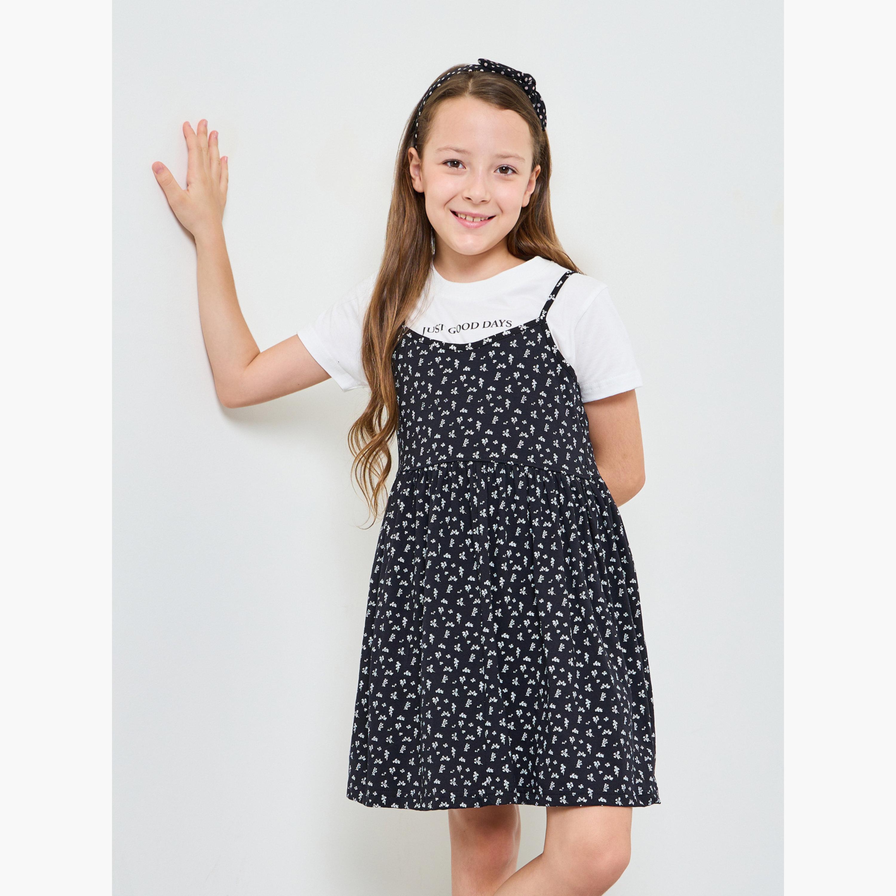 مجموعة من فستان بحافة واسعة وطبعات أزهار وتيشيرت بطبعات جرافيك للبنات-girls-clothing-setsandcoords-image-1