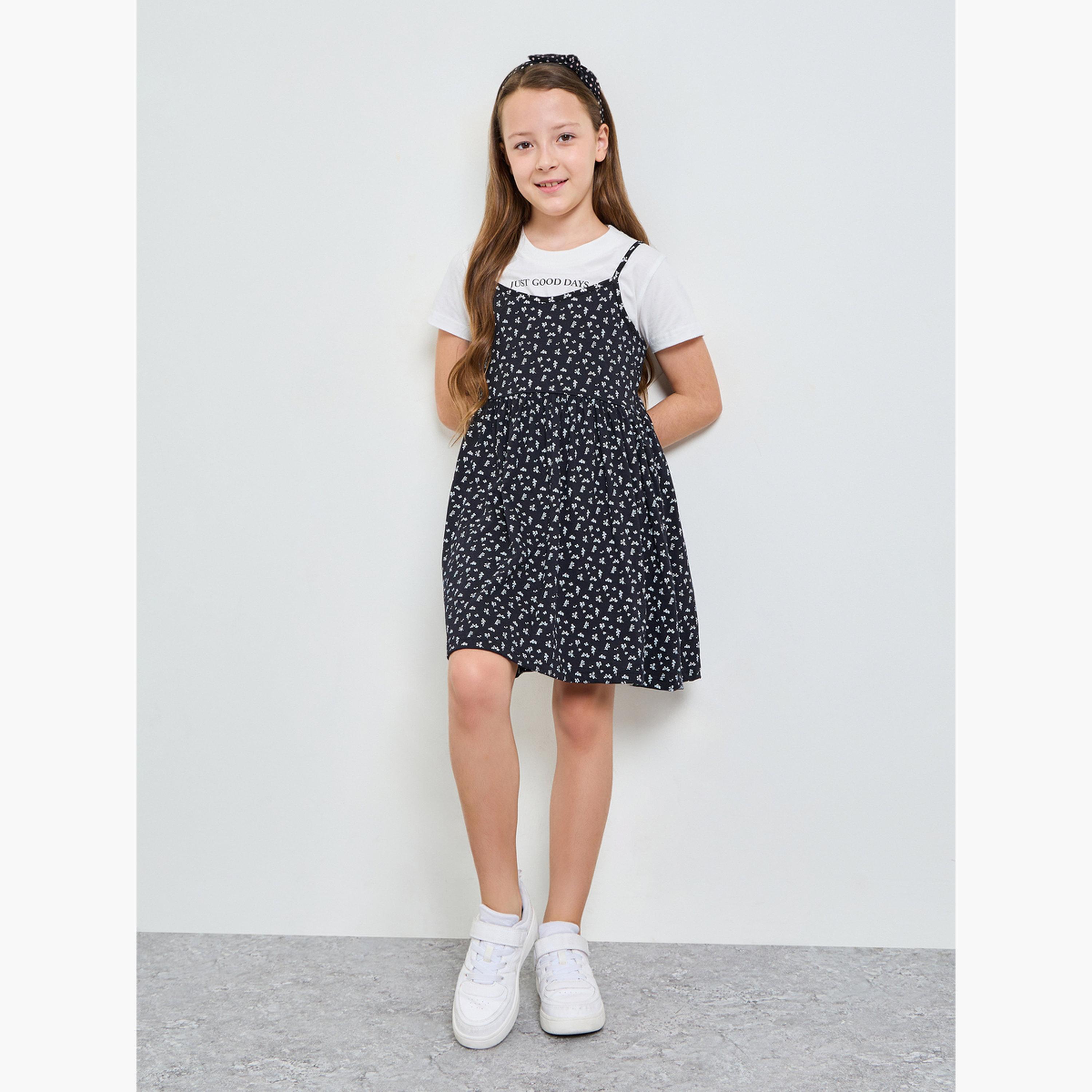 مجموعة من فستان بحافة واسعة وطبعات أزهار وتيشيرت بطبعات جرافيك للبنات-girls-clothing-setsandcoords-image-2