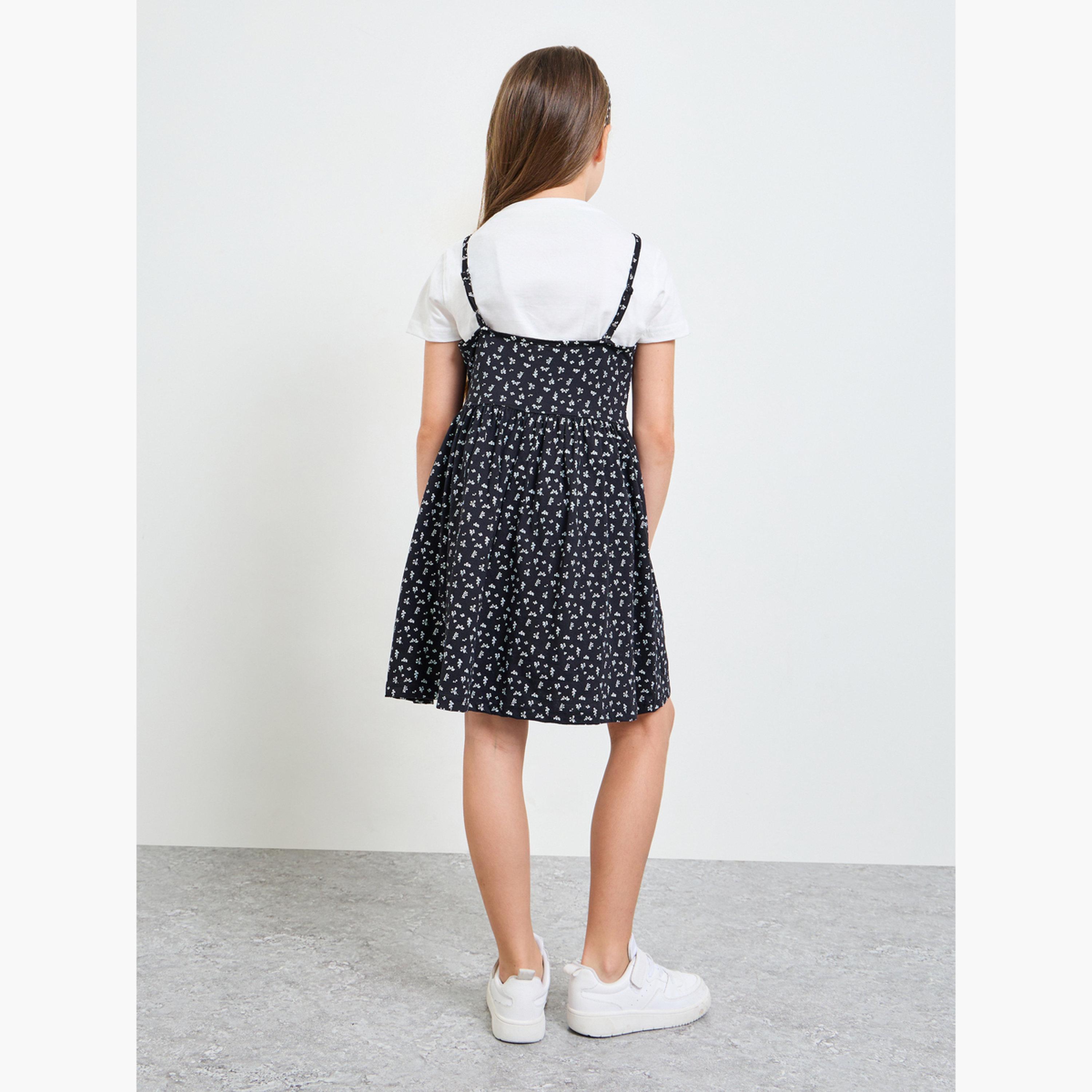 مجموعة من فستان بحافة واسعة وطبعات أزهار وتيشيرت بطبعات جرافيك للبنات-girls-clothing-setsandcoords-image-4