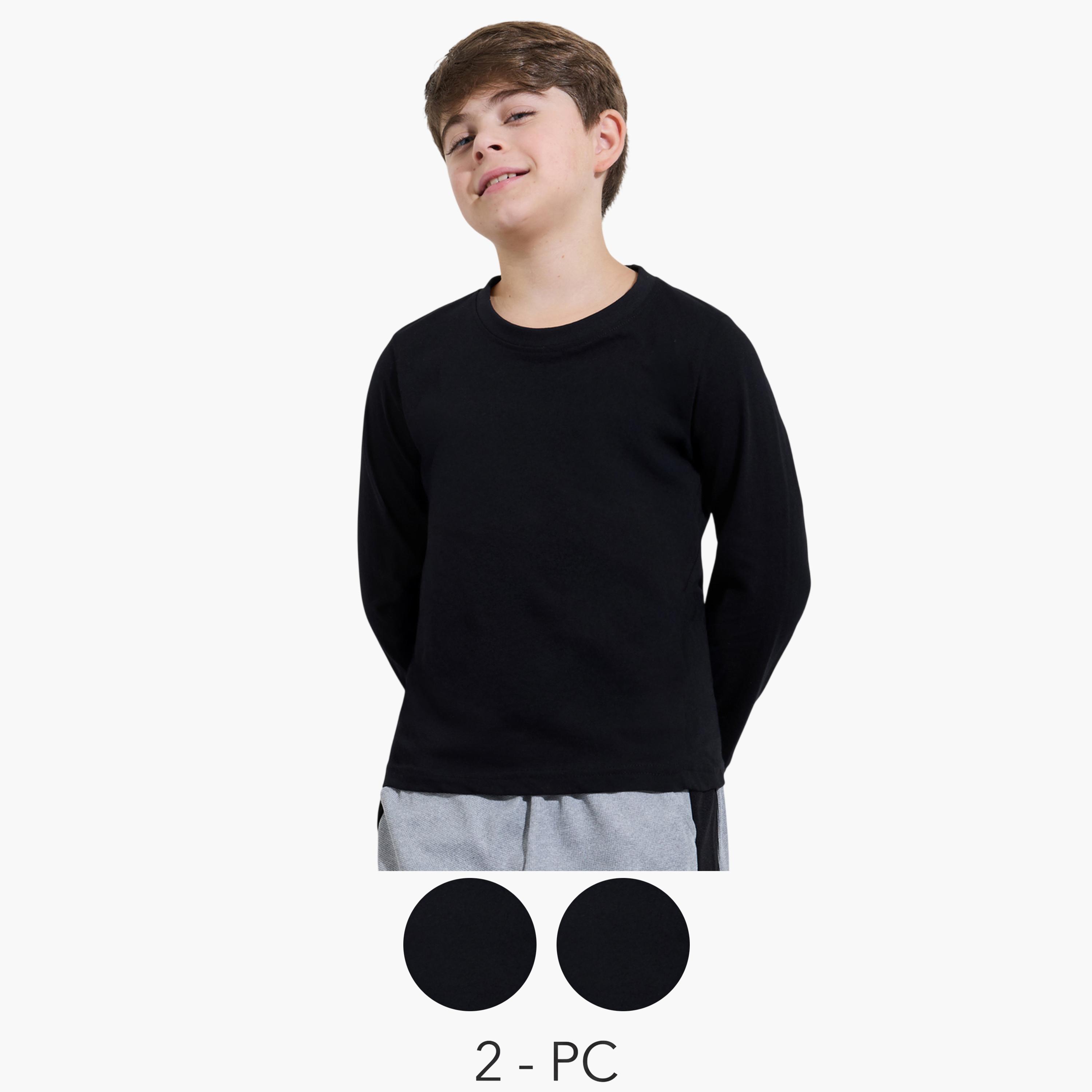طقم من قطعتين تيشيرت أسود سادة بأكمام طويلة وبقصة عادية للأولاد المراهقين-boys-clothing-tshirtsandpolos-image-1