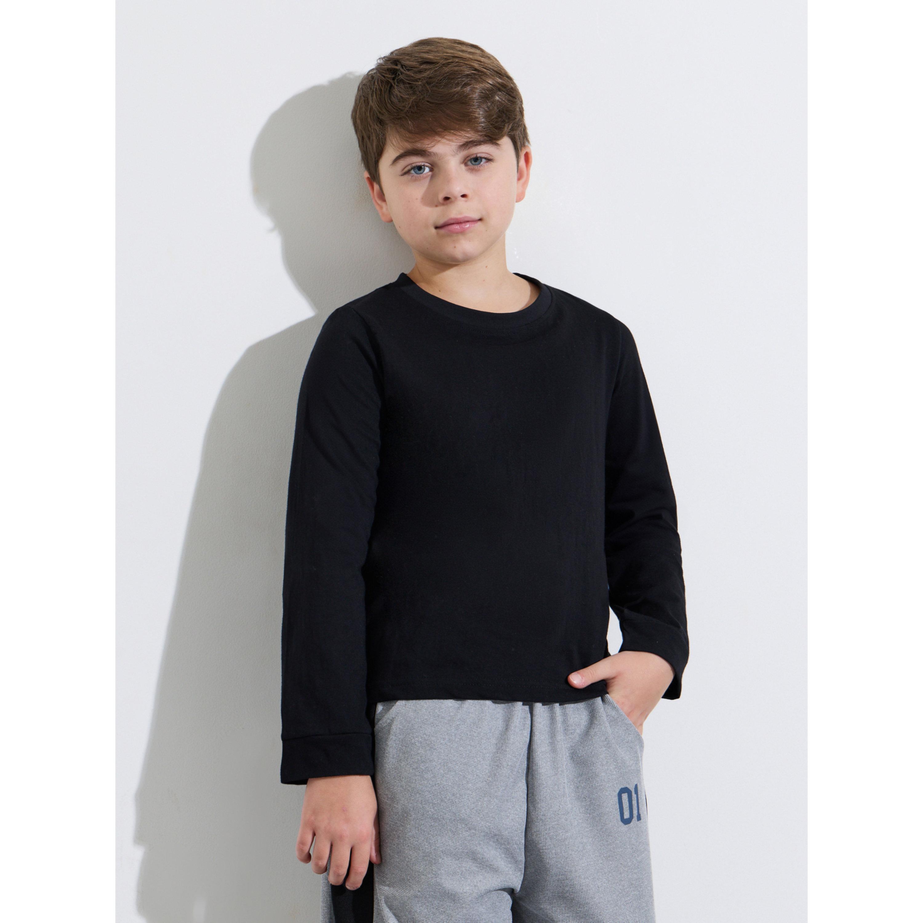 طقم من قطعتين تيشيرت أسود سادة بأكمام طويلة وبقصة عادية للأولاد المراهقين-boys-clothing-tshirtsandpolos-image-2