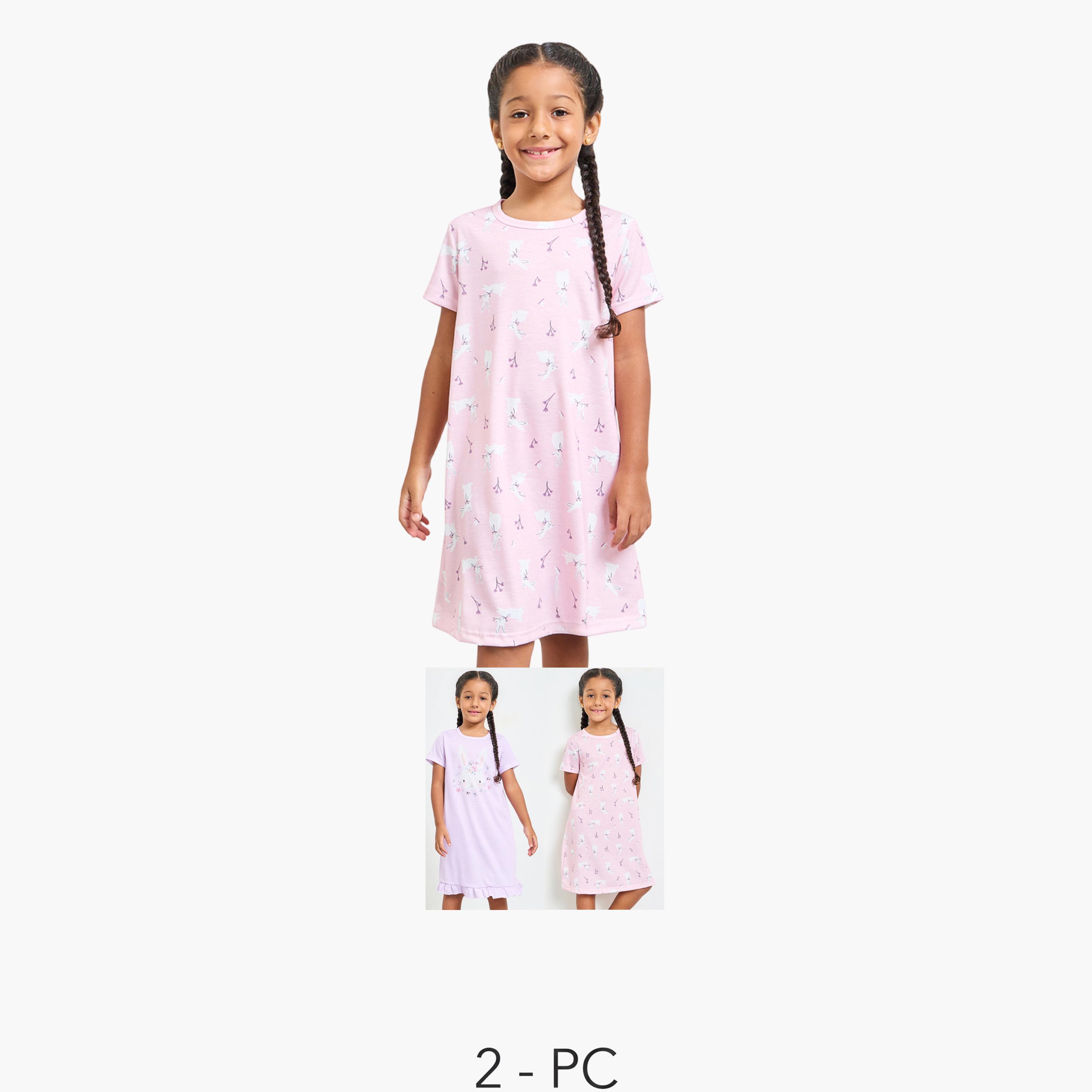 طقم من قميصي نوم بأكمام قصيرة وطبعة للبنات-girls-clothing-nightwear-image-1