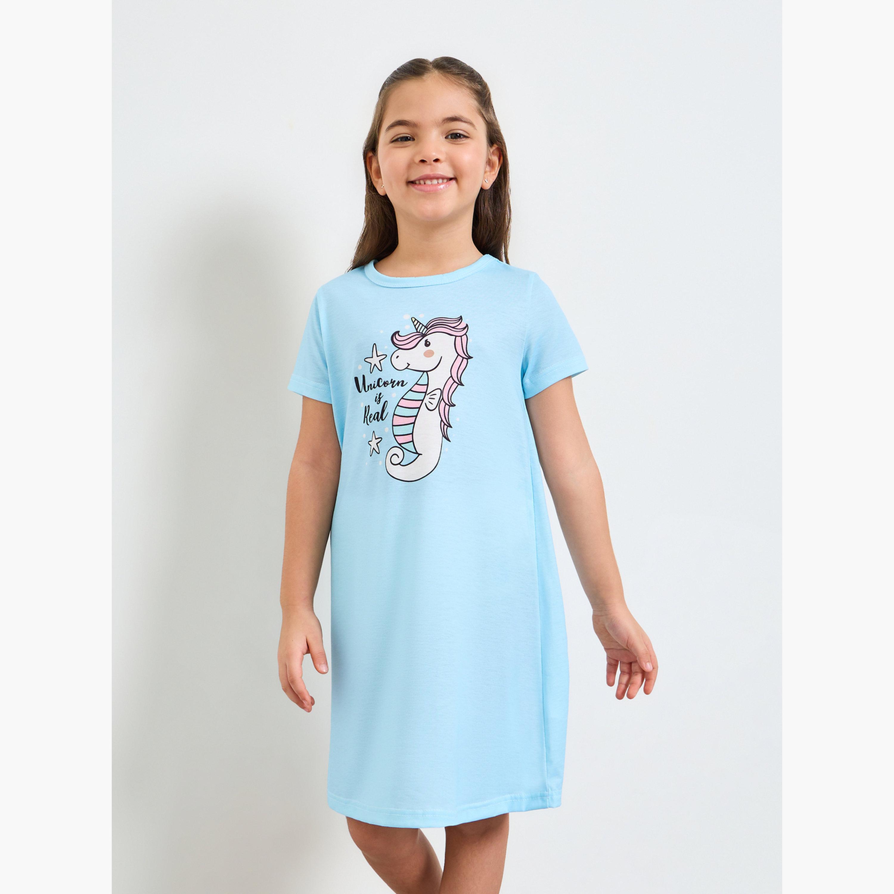 Styli Girls Light Blue Unicorn Print Short Sleeves Nightdress-girls-clothing-nightwear-image-1