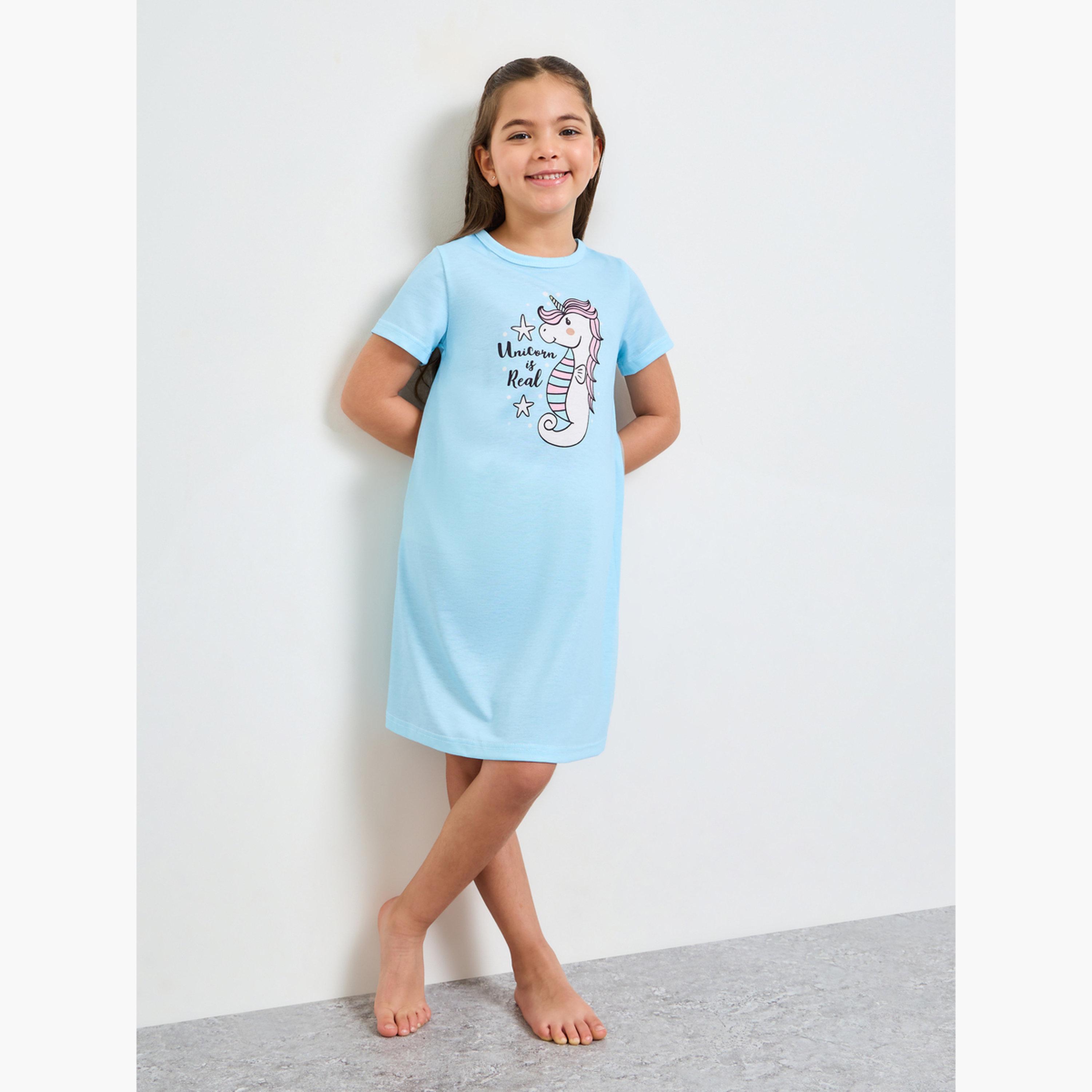 Styli Girls Light Blue Unicorn Print Short Sleeves Nightdress-girls-clothing-nightwear-image-2