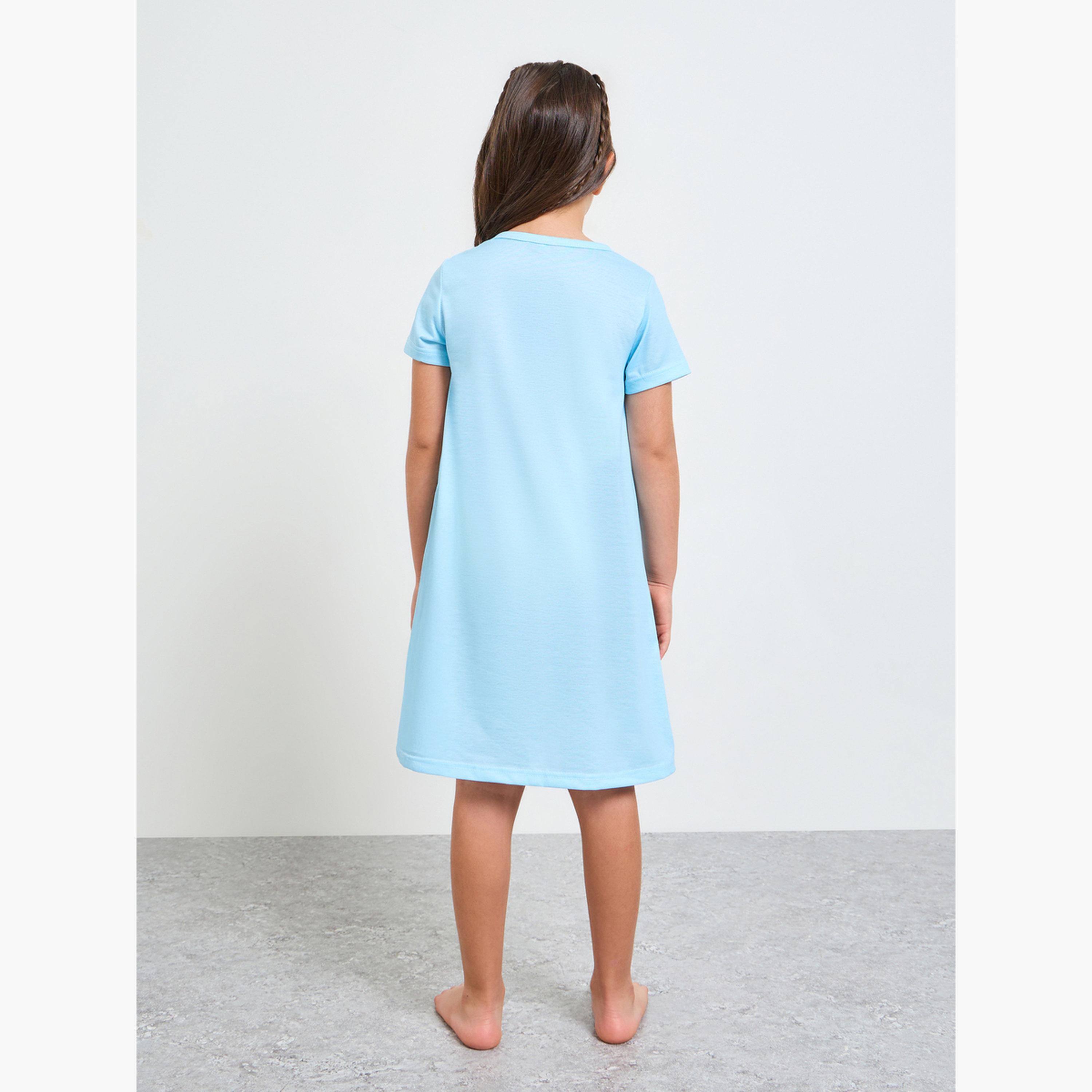 Styli Girls Light Blue Unicorn Print Short Sleeves Nightdress-girls-clothing-nightwear-image-3