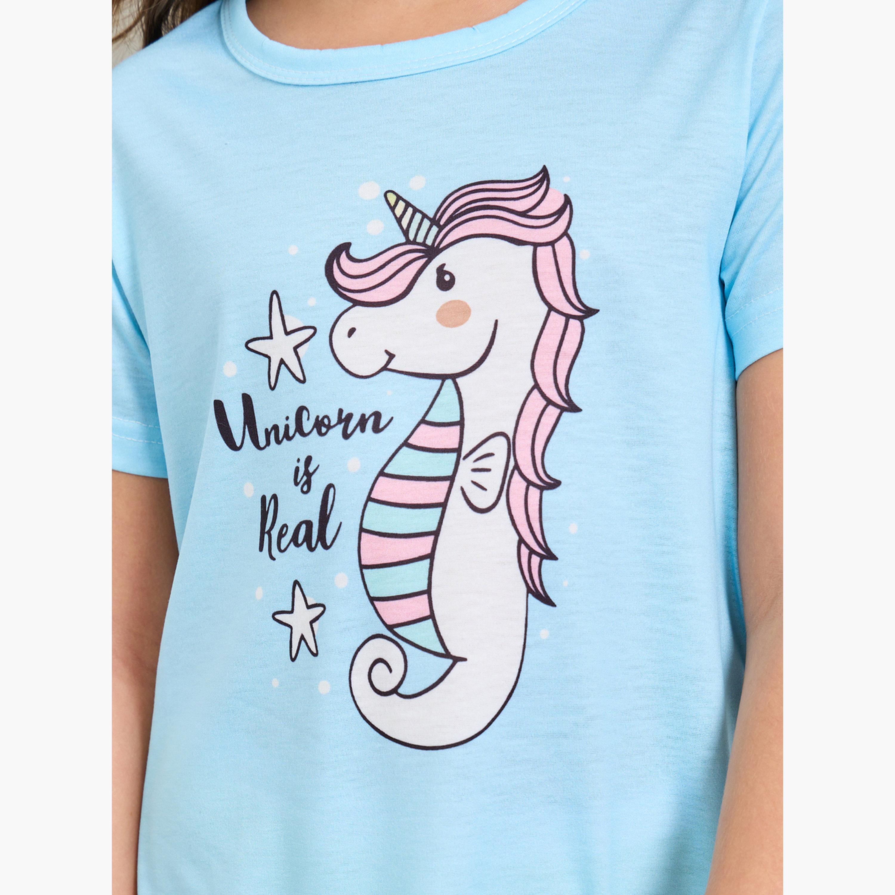 Styli Girls Light Blue Unicorn Print Short Sleeves Nightdress-girls-clothing-nightwear-image-4