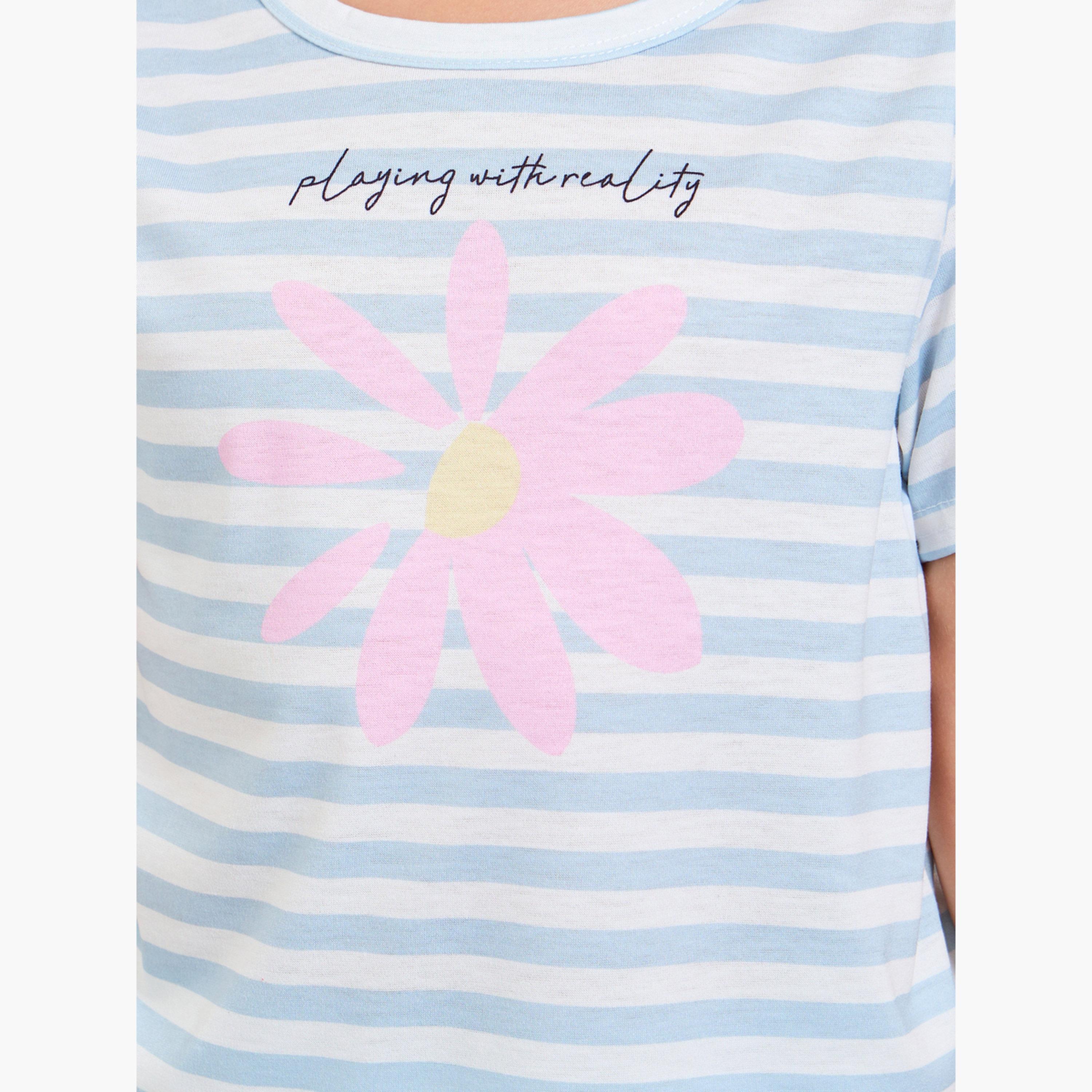 طقم بيجاما من بنطال وتيشيرت مخطط بأكمام قصيرة للبنات-girls-clothing-nightwear-image-5
