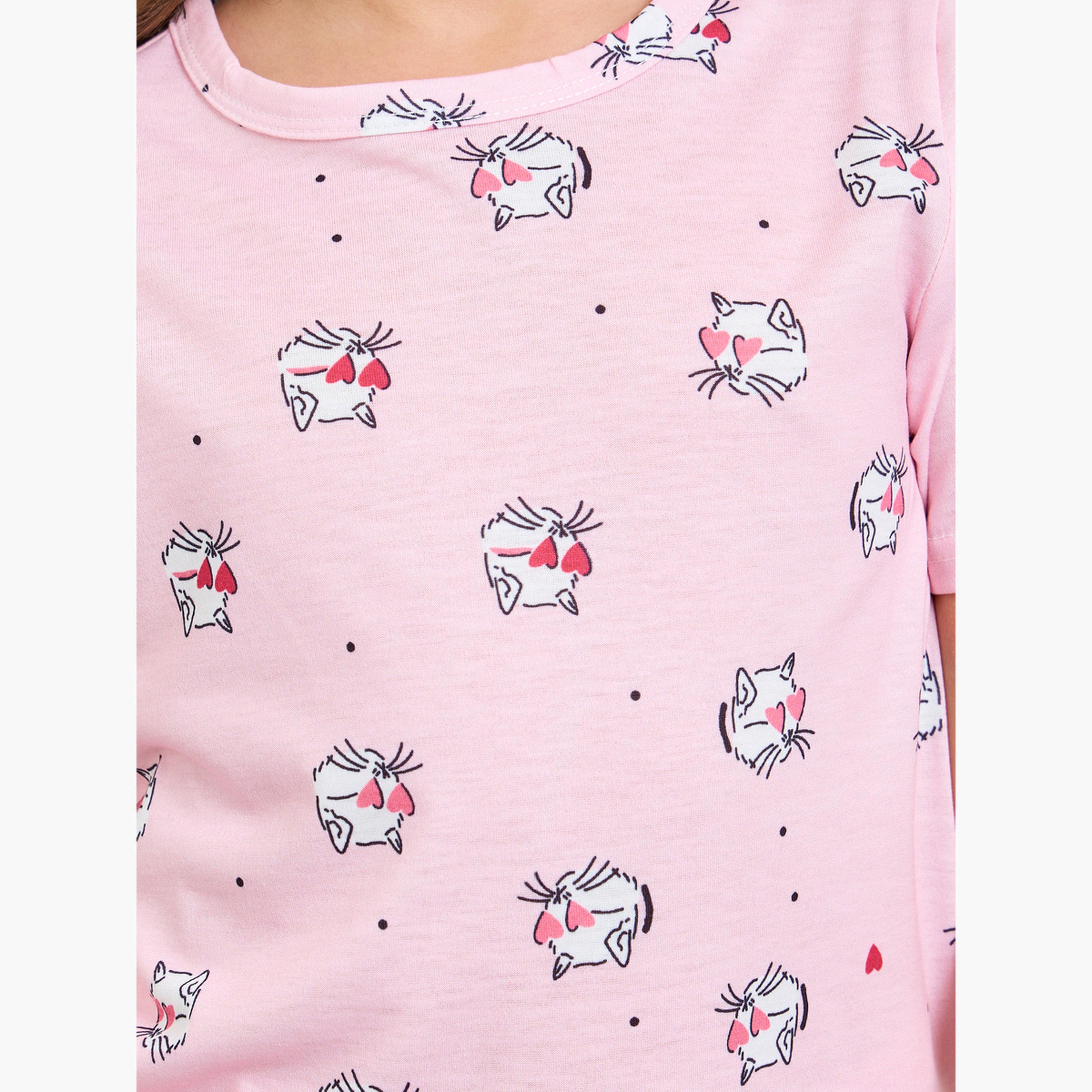طقم بيجاما من بنطال وتيشيرت بطبعة جرافيك للبنات وردي-girls-clothing-nightwear-image-5