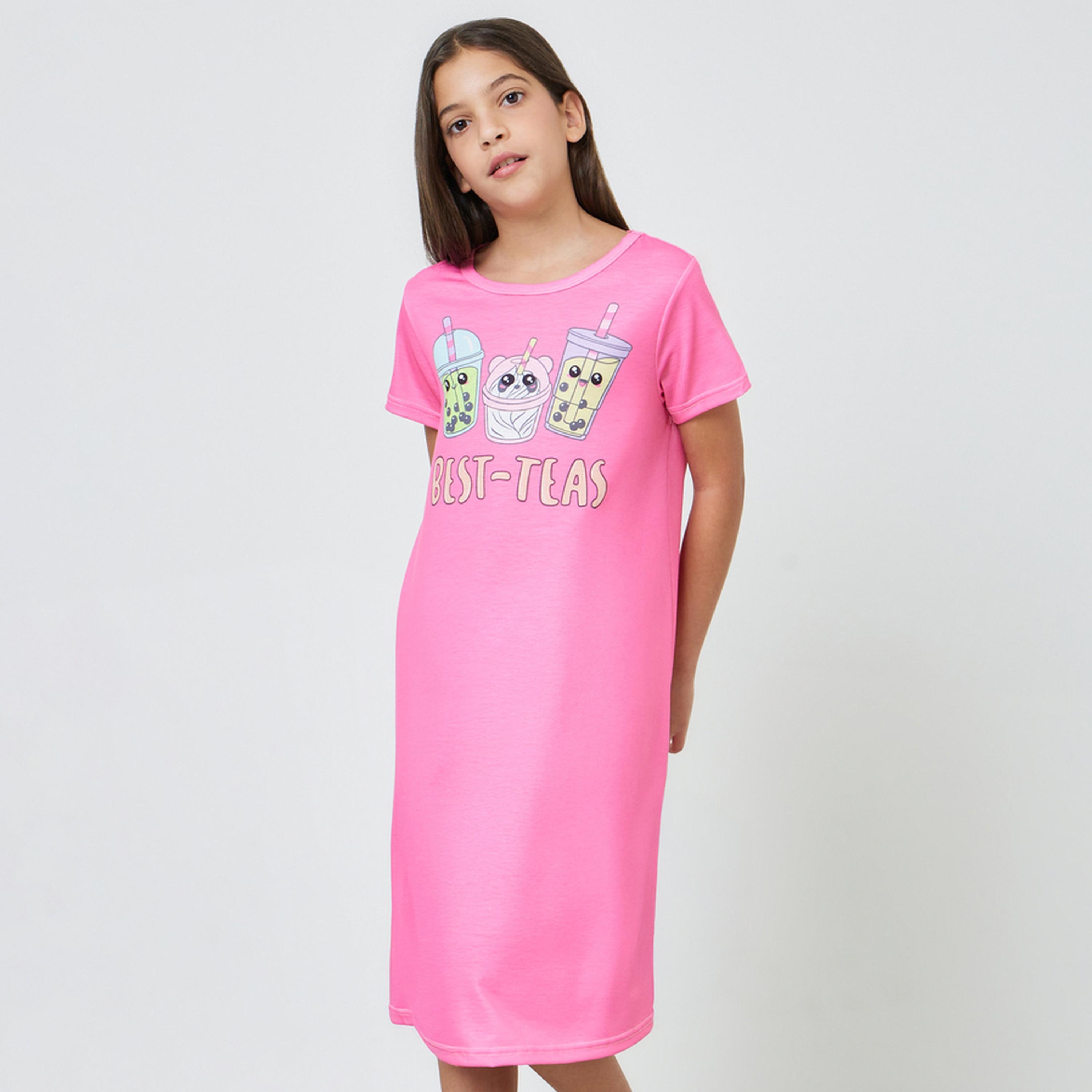 قميص نوم وردي بطبعة شاي بوبا-girls-clothing-nightwear-image-1