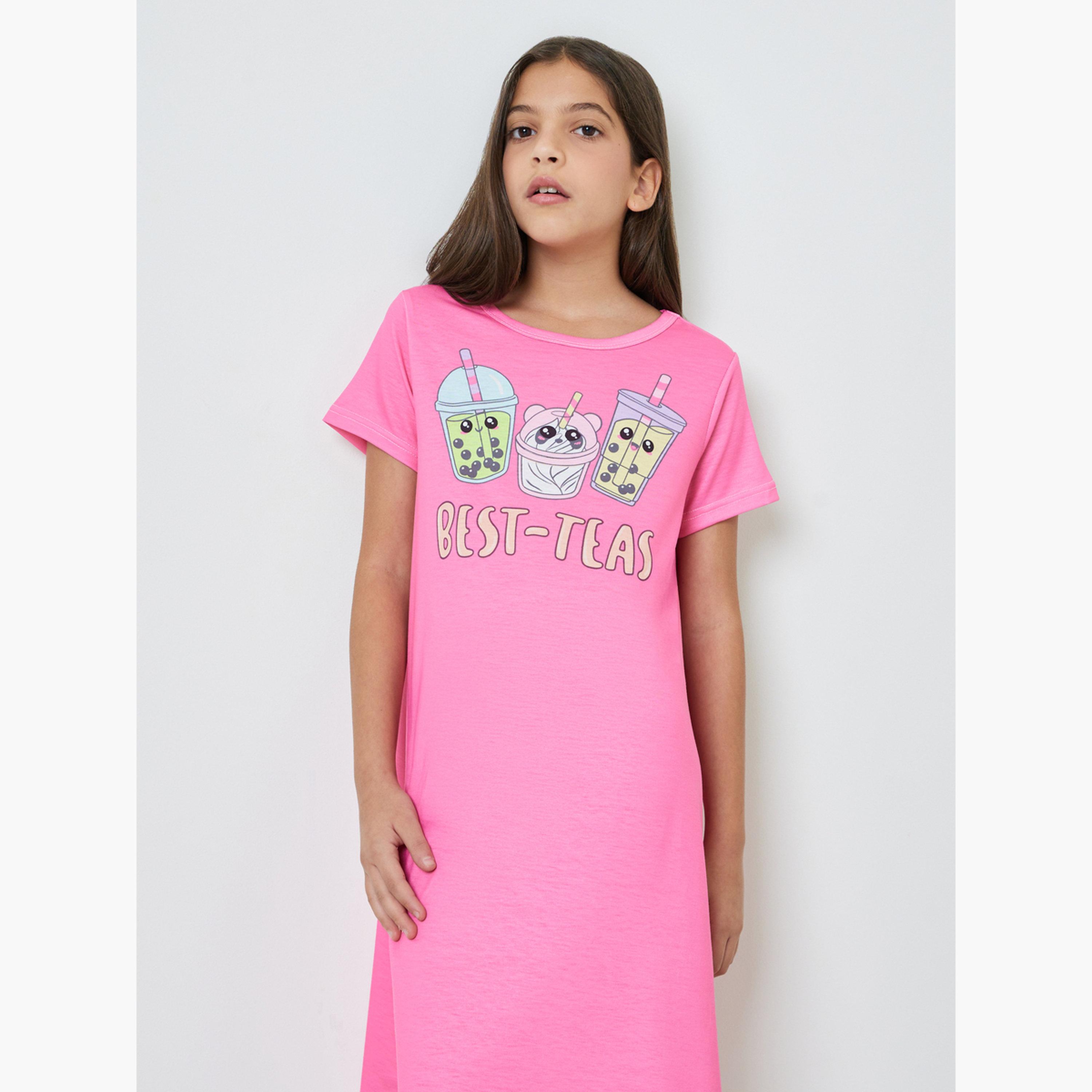 قميص نوم وردي بطبعة شاي بوبا-girls-clothing-nightwear-image-3