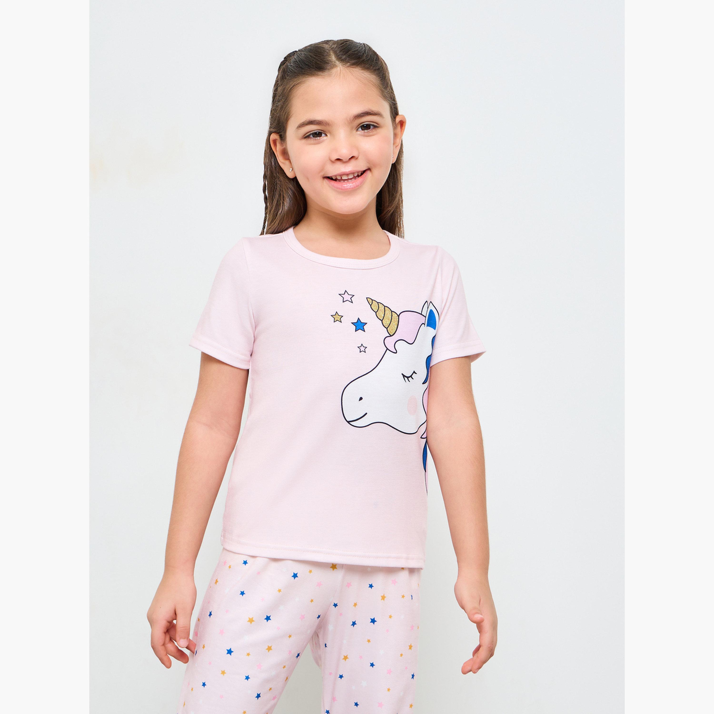 طقم بيجاما من بنطال وتيشيرت بطبعة يونيكورن ونجوم للبنات-girls-clothing-nightwear-image-3