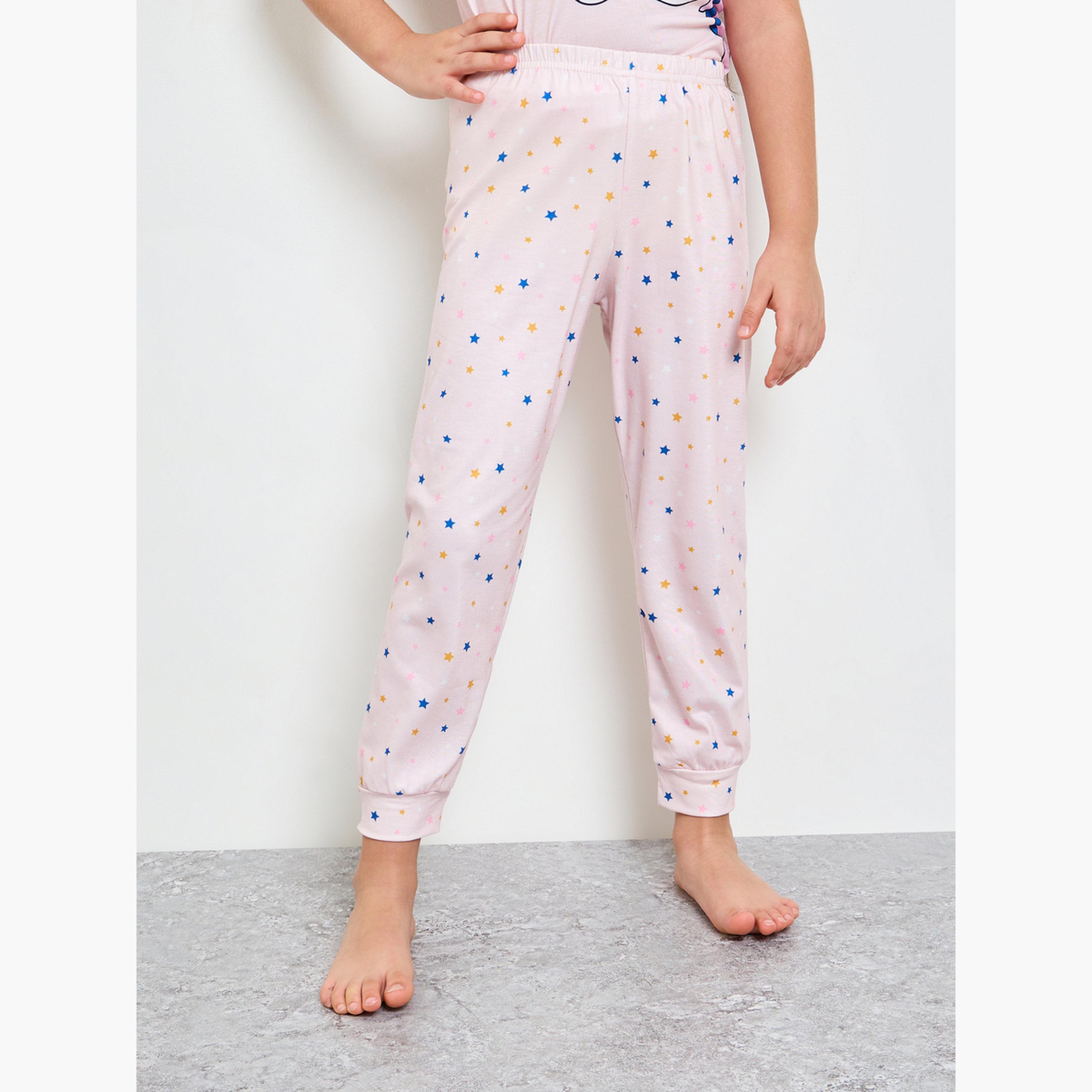 طقم بيجاما من بنطال وتيشيرت بطبعة يونيكورن ونجوم للبنات-girls-clothing-nightwear-image-5
