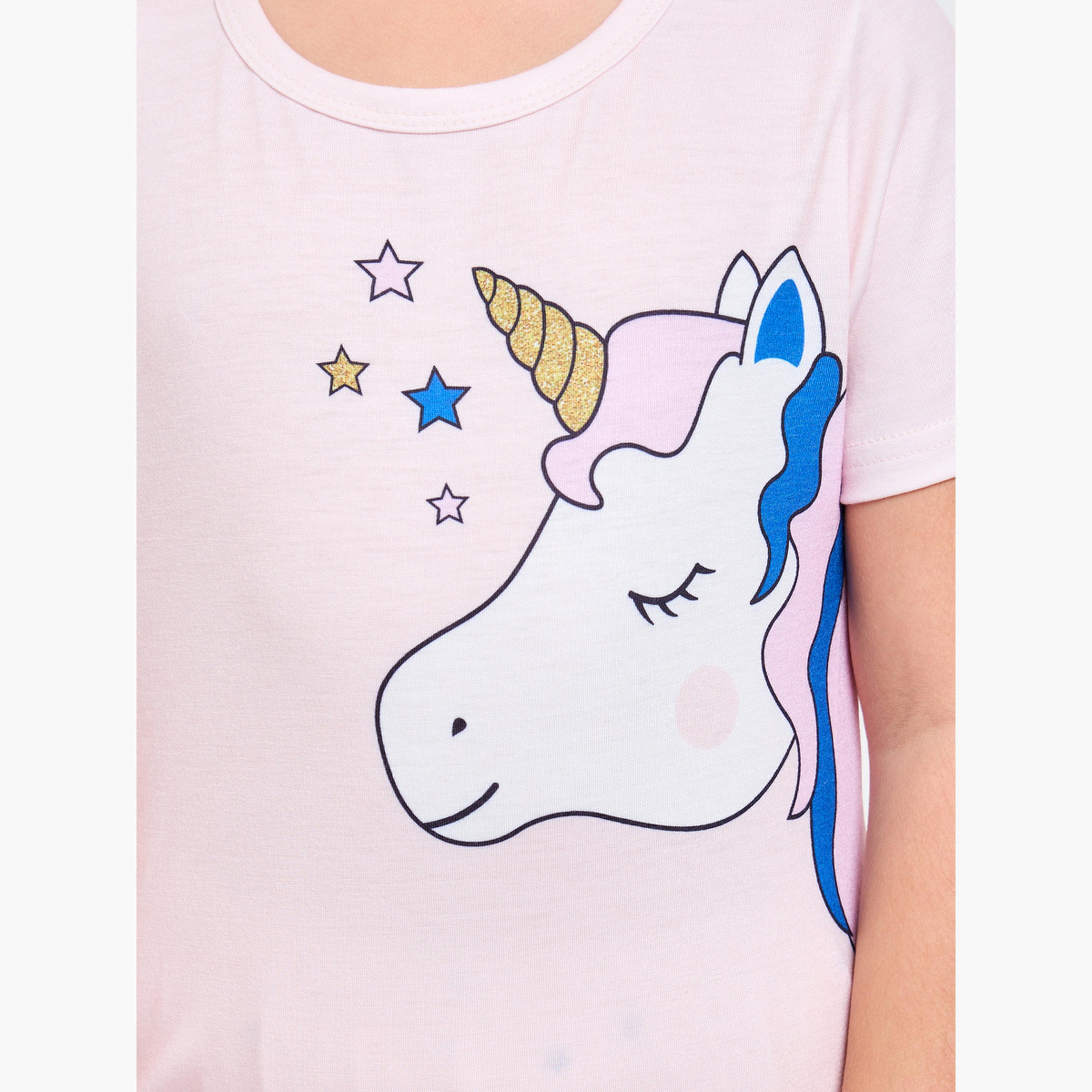 طقم بيجاما من بنطال وتيشيرت بطبعة يونيكورن ونجوم للبنات-girls-clothing-nightwear-image-6