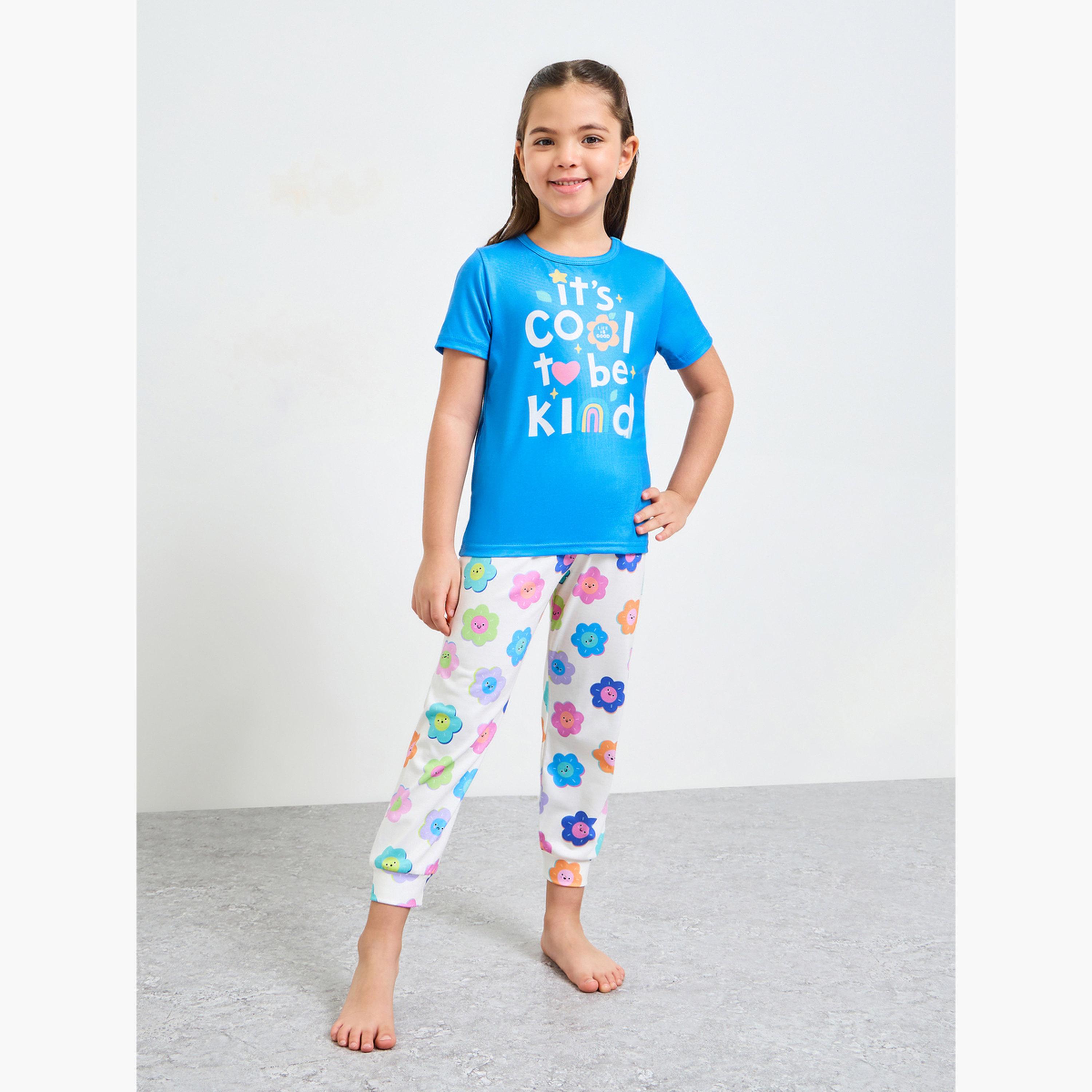 طقم بيجاما من بنطال وتيشيرت بطبعة زهور اللؤلؤ للبنات-girls-clothing-nightwear-image-1