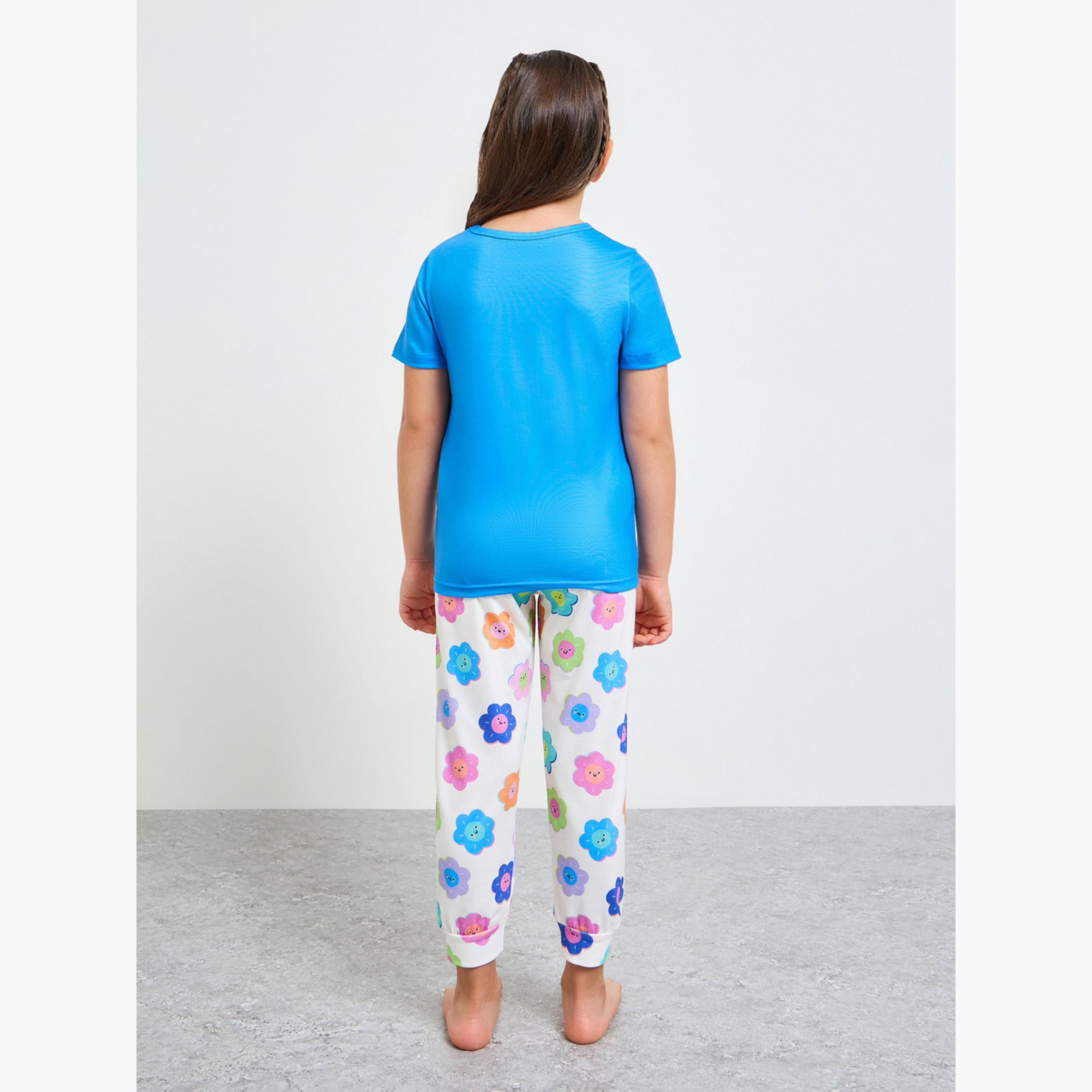 طقم بيجاما من بنطال وتيشيرت بطبعة زهور اللؤلؤ للبنات-girls-clothing-nightwear-image-3