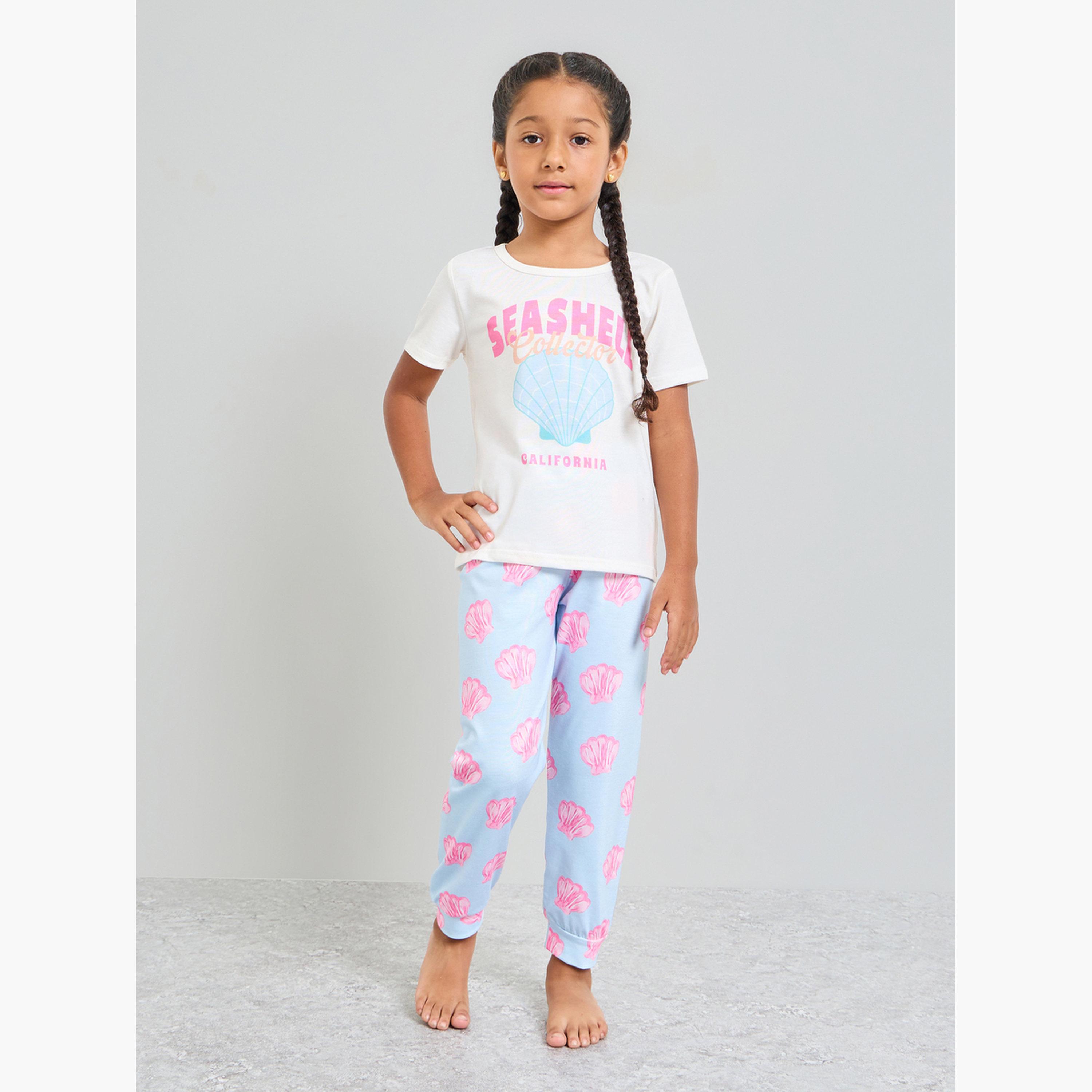 ستايلي - طقم بيجاما وقميص قصير الأكمام مطبوع عليه صدفة بحرية للبنات-girls-clothing-nightwear-image-1