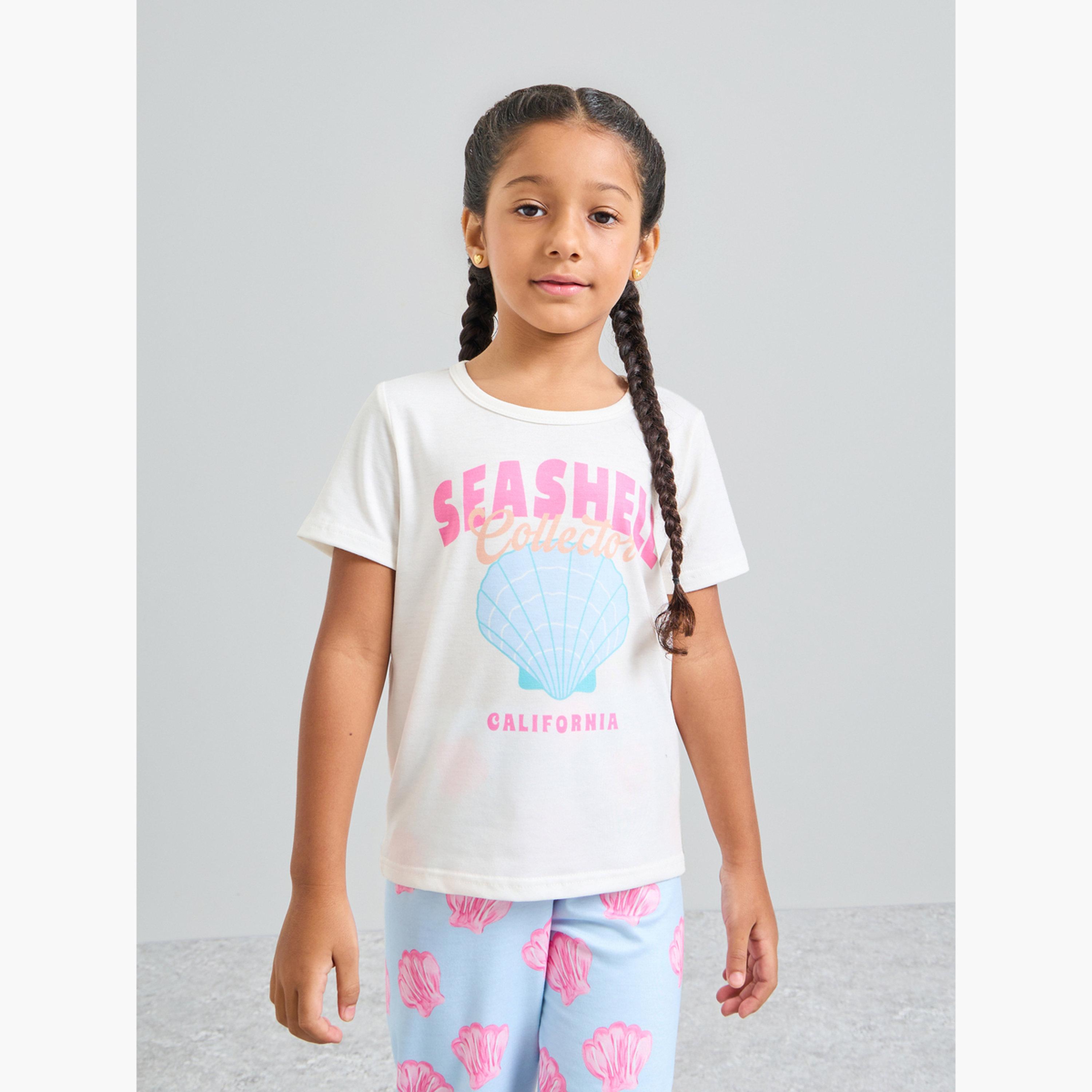 ستايلي - طقم بيجاما وقميص قصير الأكمام مطبوع عليه صدفة بحرية للبنات-girls-clothing-nightwear-image-3