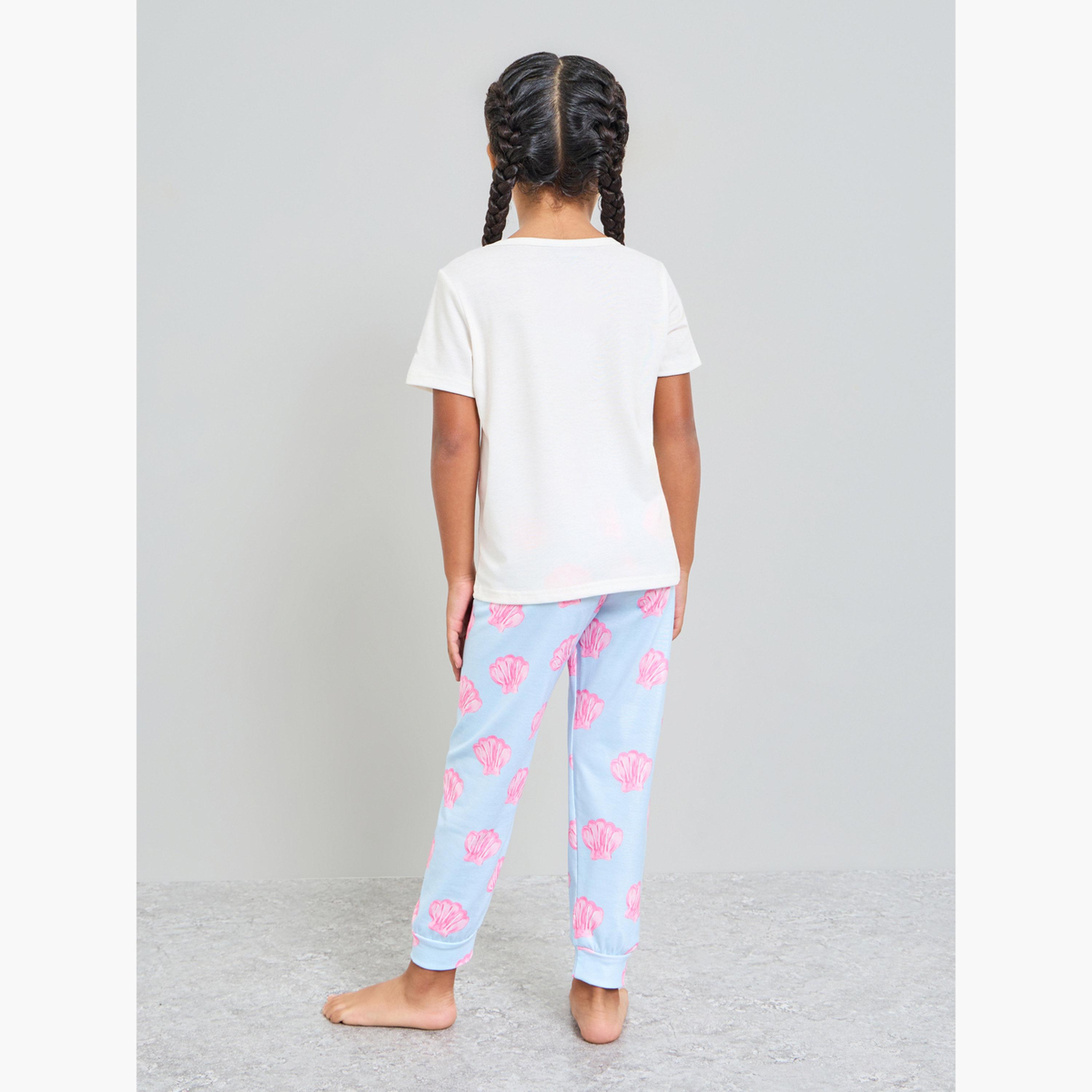 ستايلي - طقم بيجاما وقميص قصير الأكمام مطبوع عليه صدفة بحرية للبنات-girls-clothing-nightwear-image-4