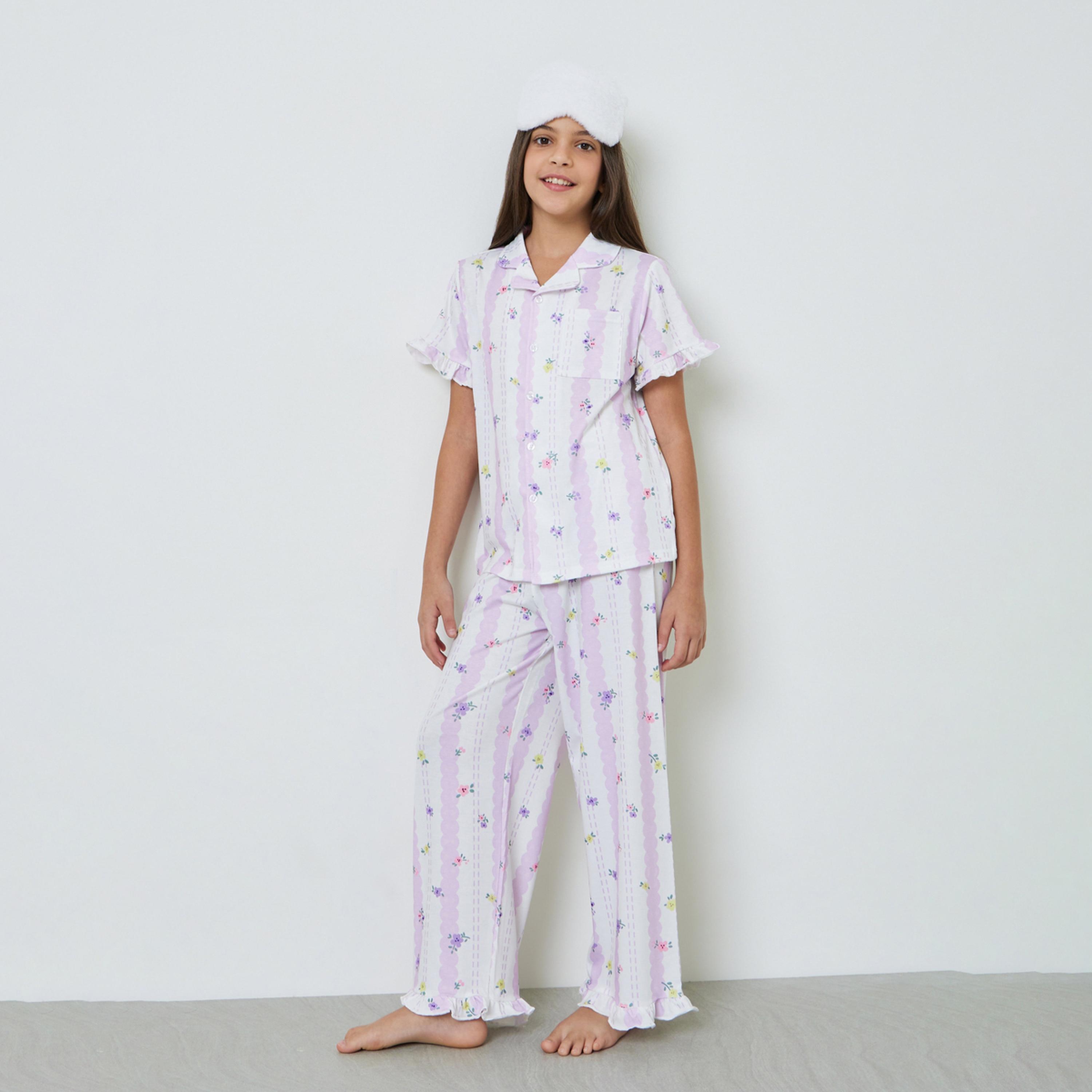 Styli Teens Floral Short Sleeve Shirt and Pyjama Set-girls-clothing-nightwear-image-1