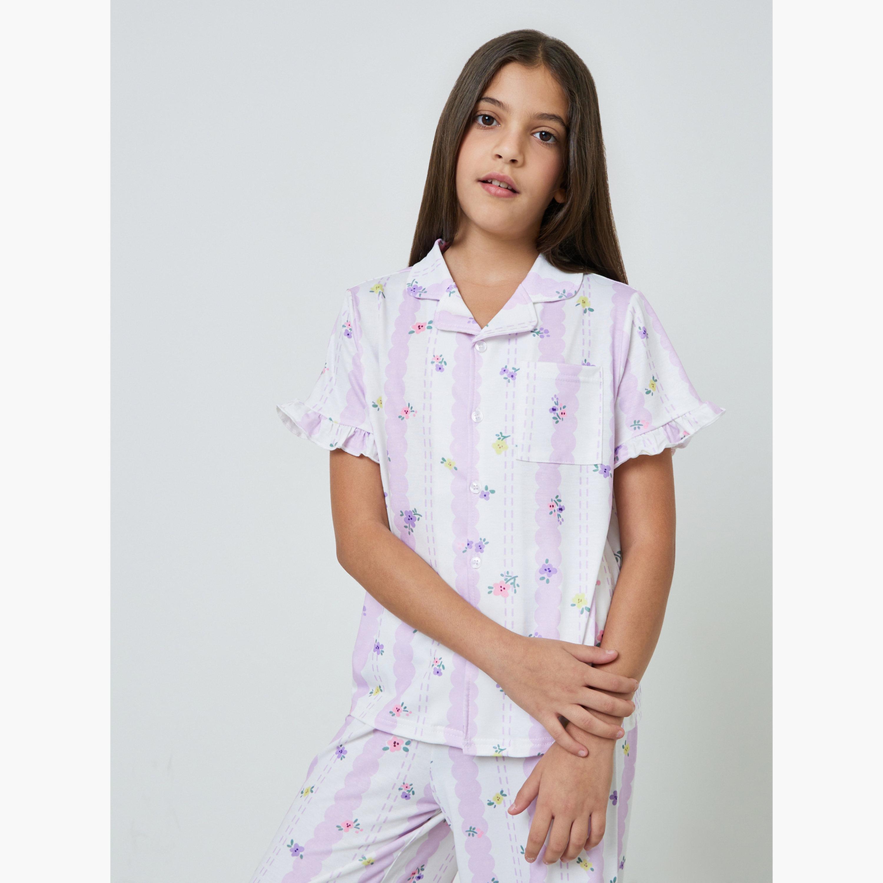 Styli Teens Floral Short Sleeve Shirt and Pyjama Set-girls-clothing-nightwear-image-2