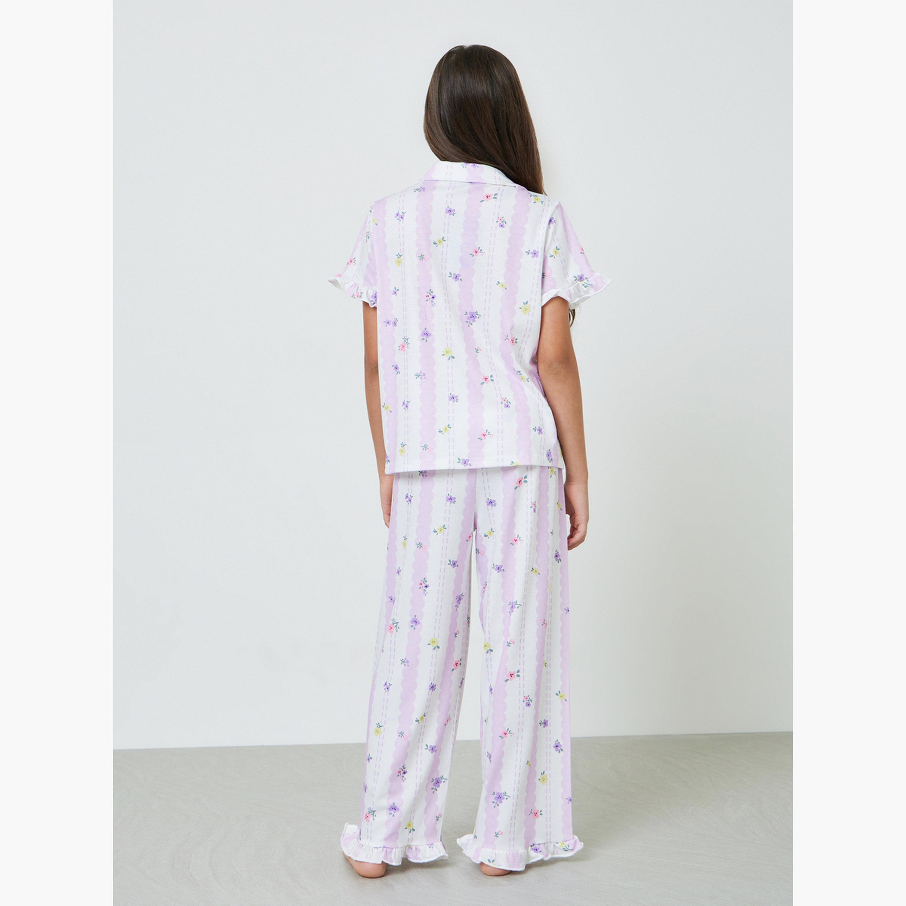 Styli Teens Floral Short Sleeve Shirt and Pyjama Set-girls-clothing-nightwear-image-3