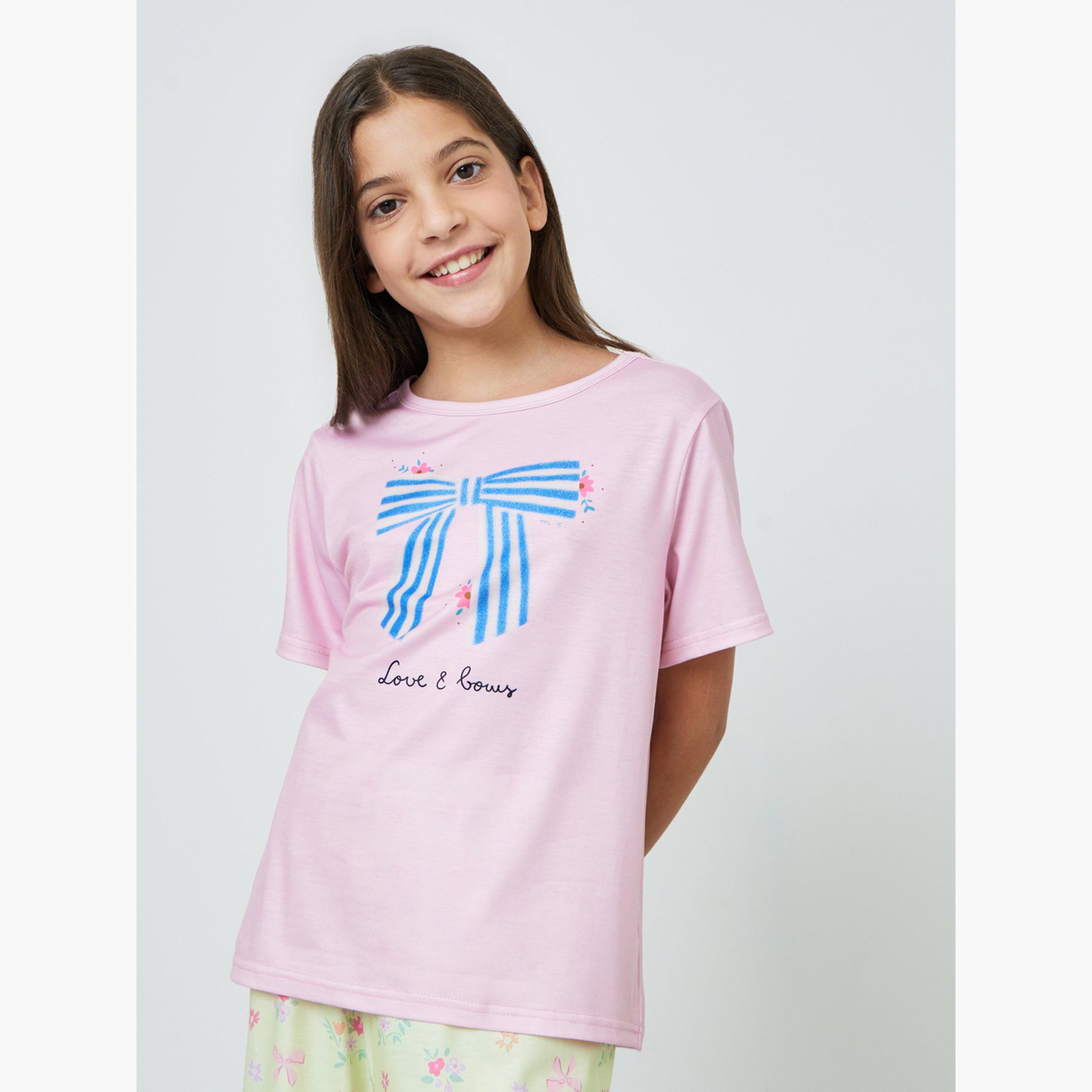 طقم بيجاما من بنطال وتيشيرت بأكمام قصيرة وطبعة عقدة-girls-clothing-nightwear-image-2