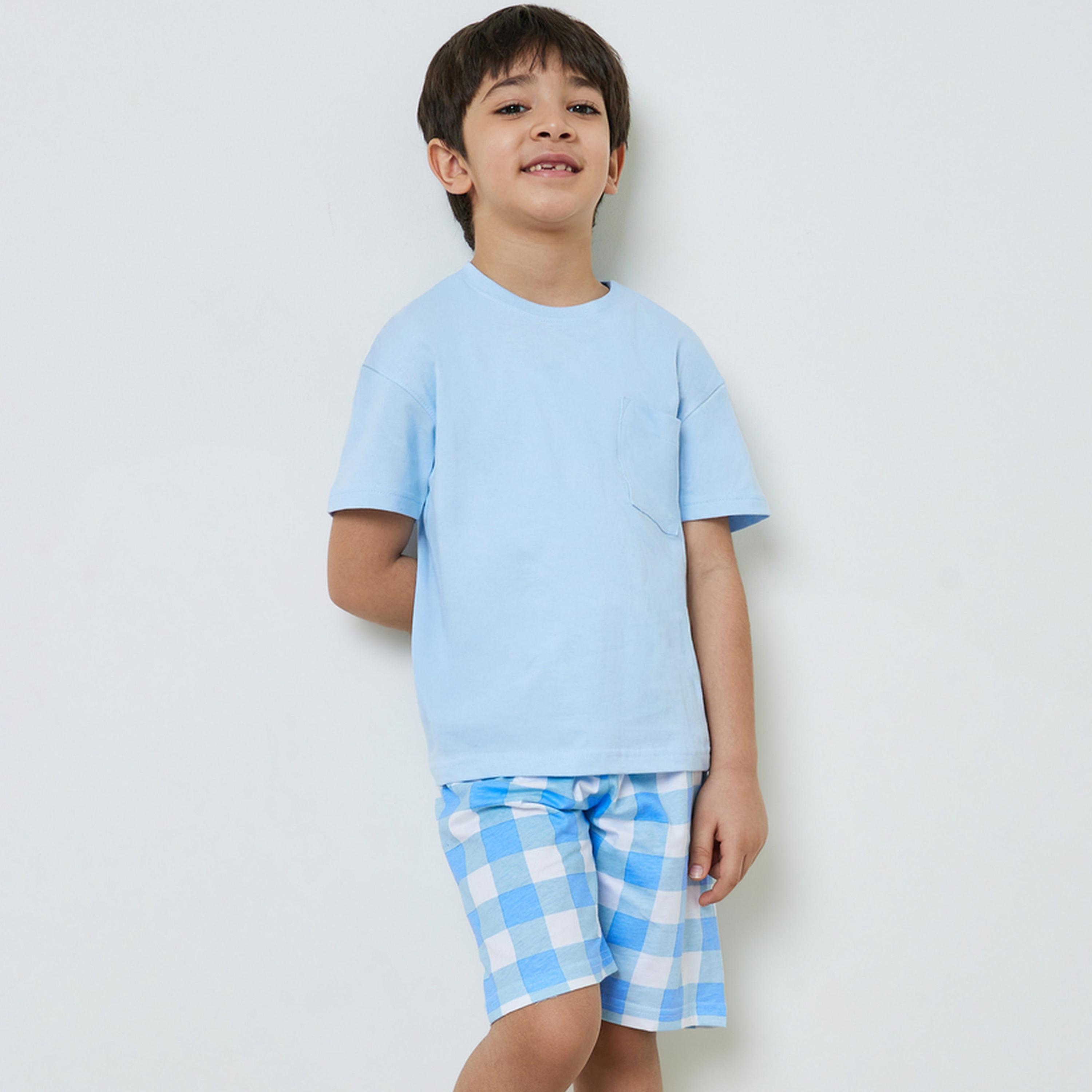 Styli Boys Short Sleeve T-Shirt and Checkered Shorts Set-boys-clothing-nightwear-image-1