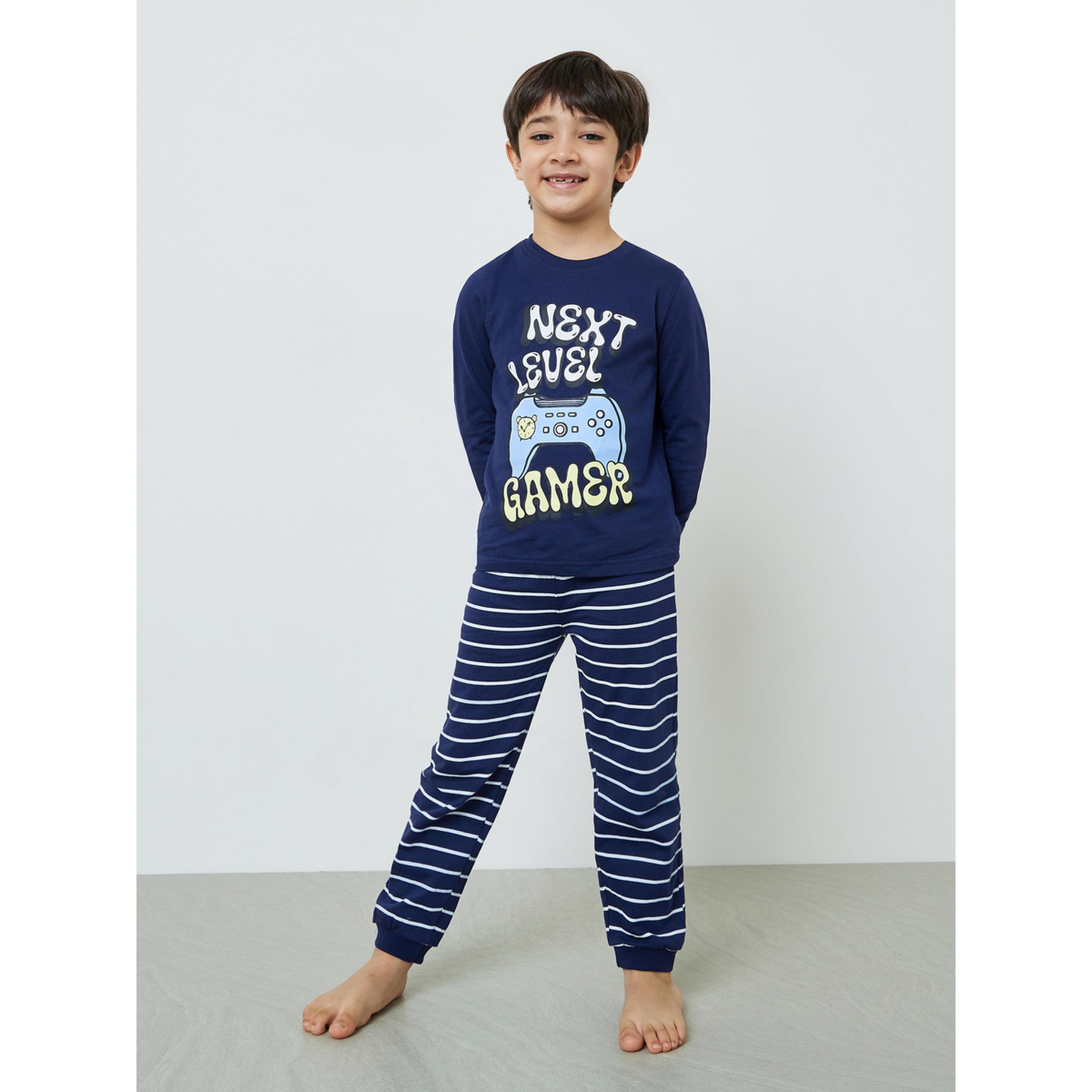 Styli Boys Blue Cotton Long Sleeve T-Shirt and Pyjama Set-boys-clothing-nightwear-image-1