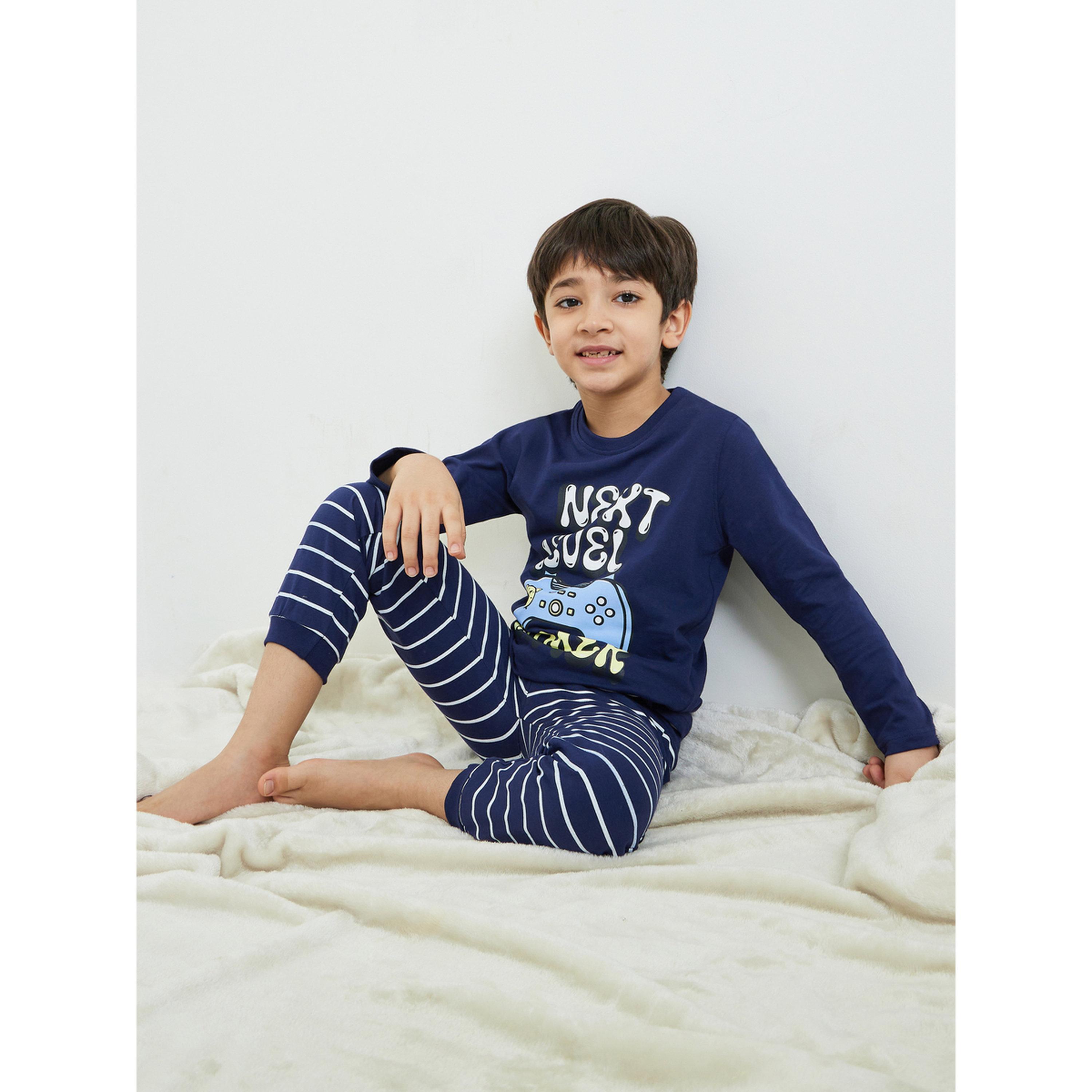 Styli Boys Blue Cotton Long Sleeve T-Shirt and Pyjama Set-boys-clothing-nightwear-image-2
