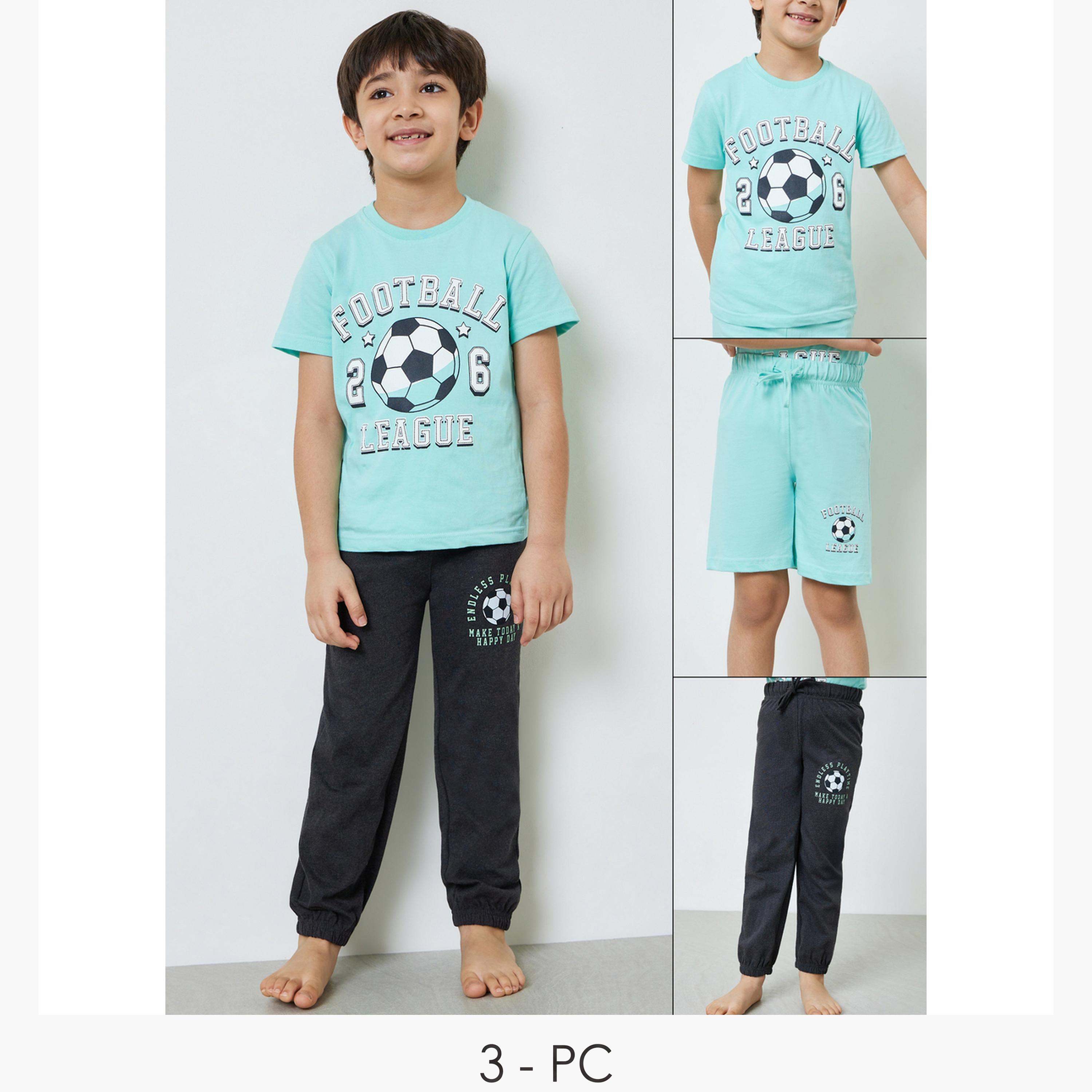 Styli Boys Pack of 3 - Graphic Print Cotton T-Shirt, Shorts and Pyjama Set-boys-clothing-nightwear-image-1