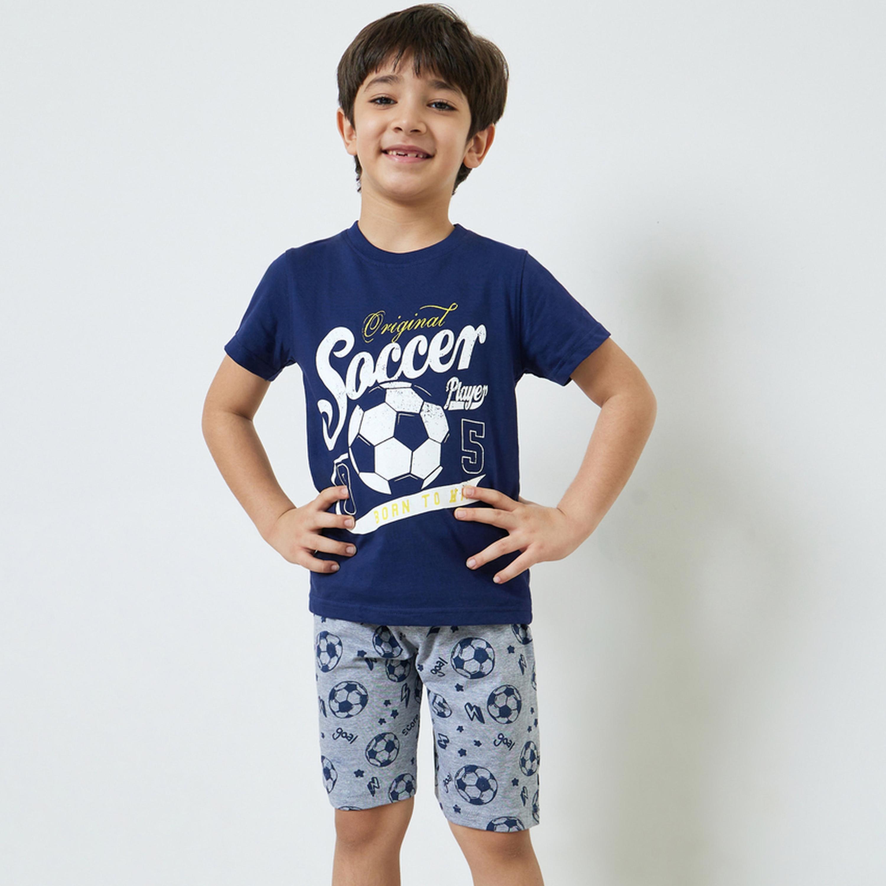 Styli Boys Cotton Soccer Print T-Shirt and Shorts Set-boys-clothing-nightwear-image-1