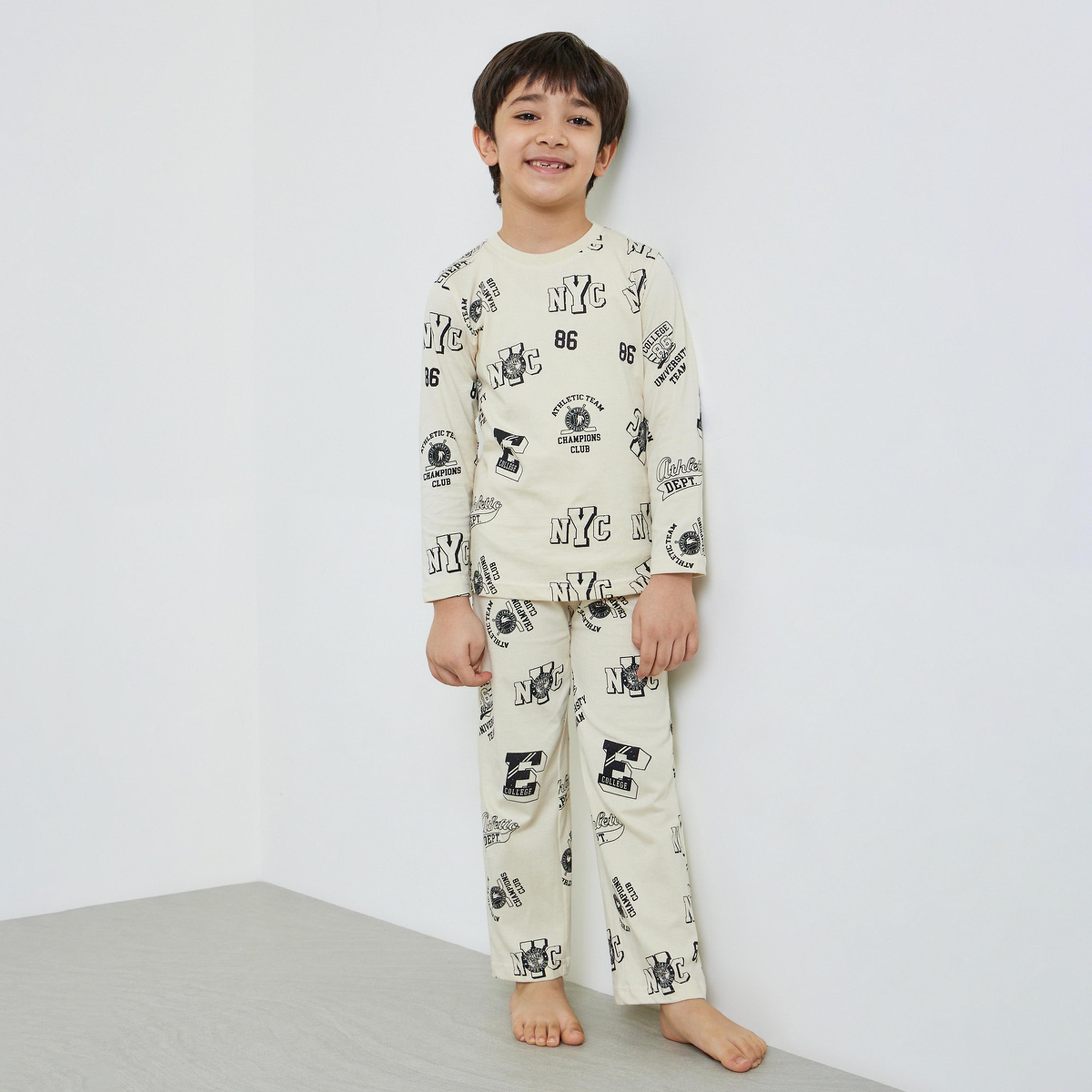 Styli Boys Cream Printed Long Sleeve T-Shirt and Pyjama Set-boys-clothing-nightwear-image-1