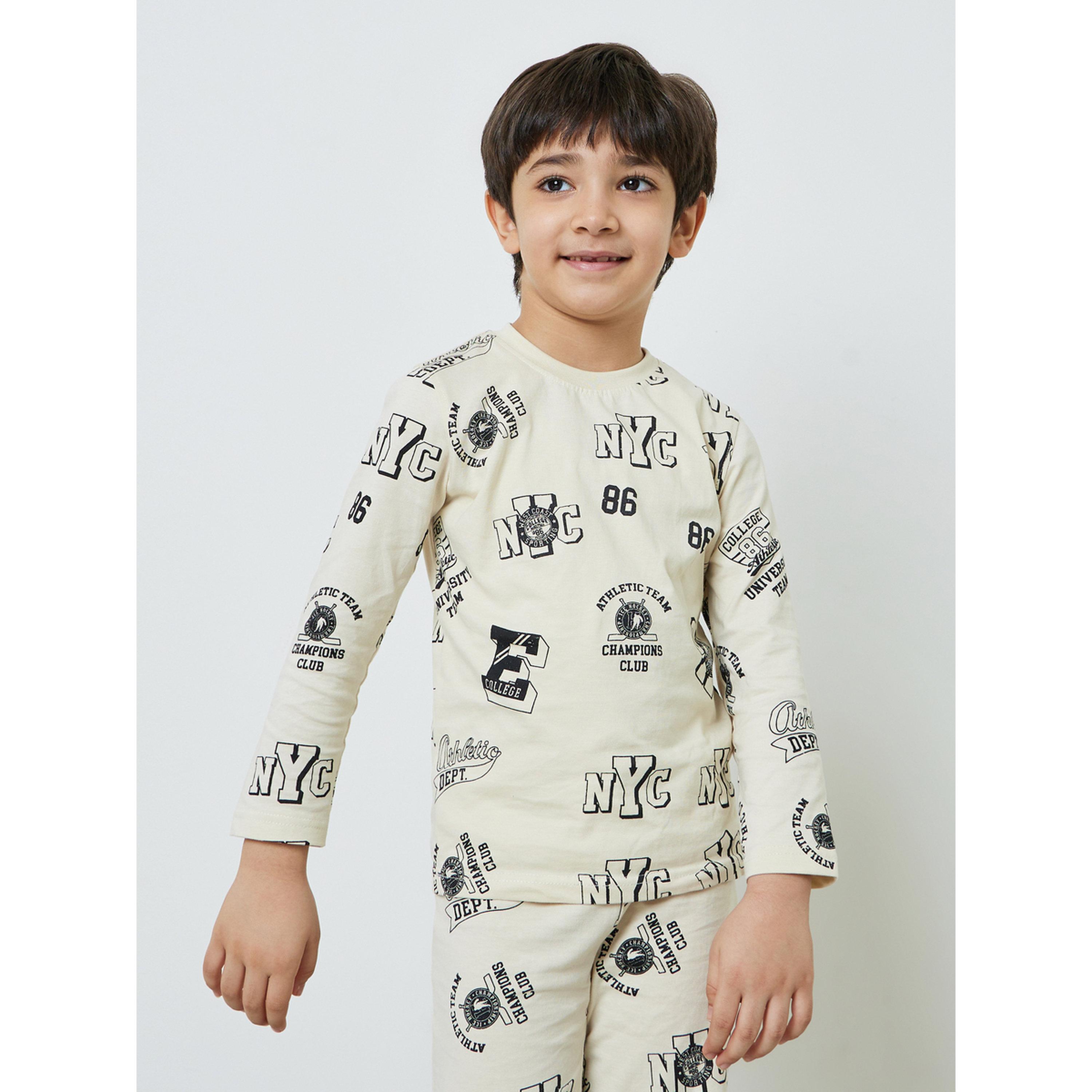 Styli Boys Cream Printed Long Sleeve T-Shirt and Pyjama Set-boys-clothing-nightwear-image-2