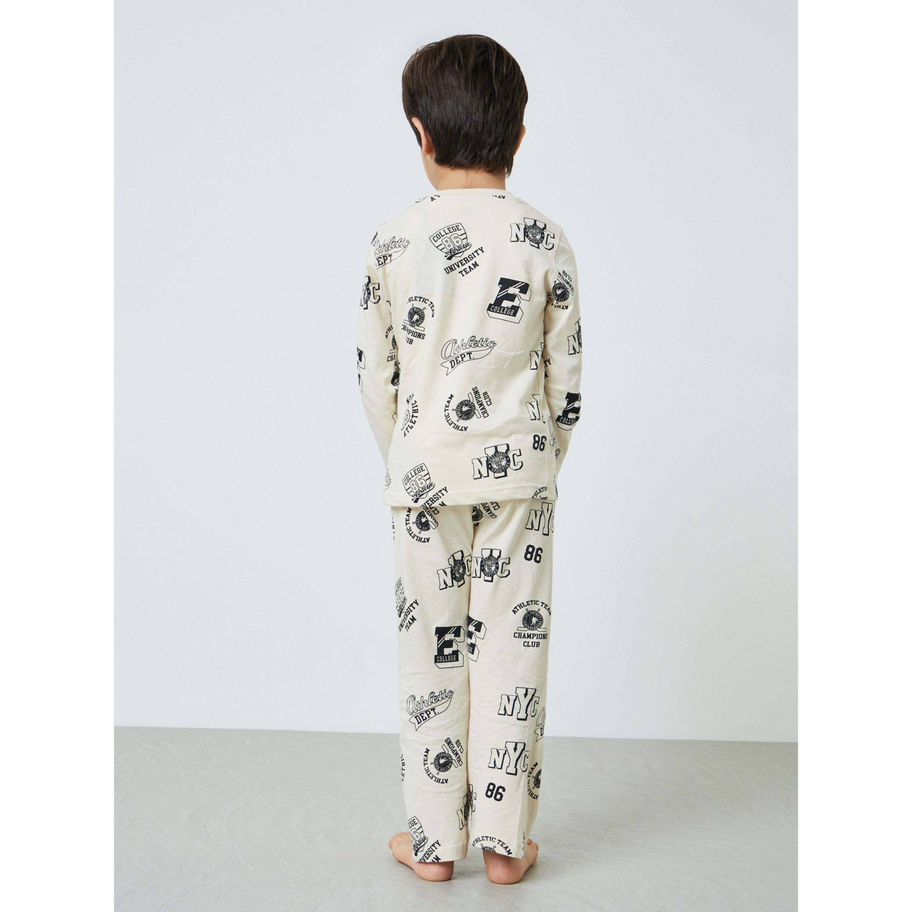 Styli Boys Cream Printed Long Sleeve T-Shirt and Pyjama Set-boys-clothing-nightwear-image-3