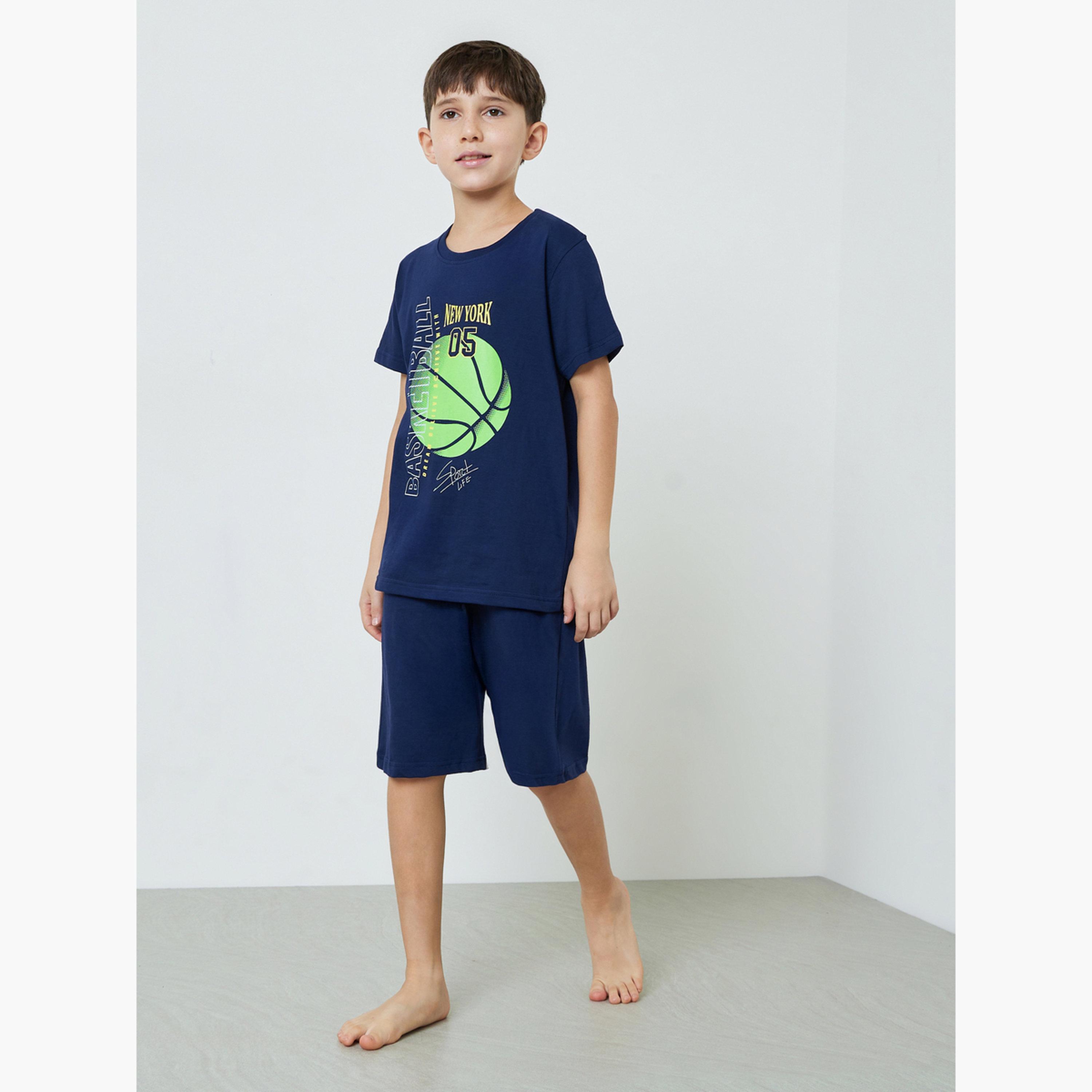 طقم شورت وتيشيرت قطن بطبعة كرة السلة للأولاد-boys-clothing-nightwear-image-2