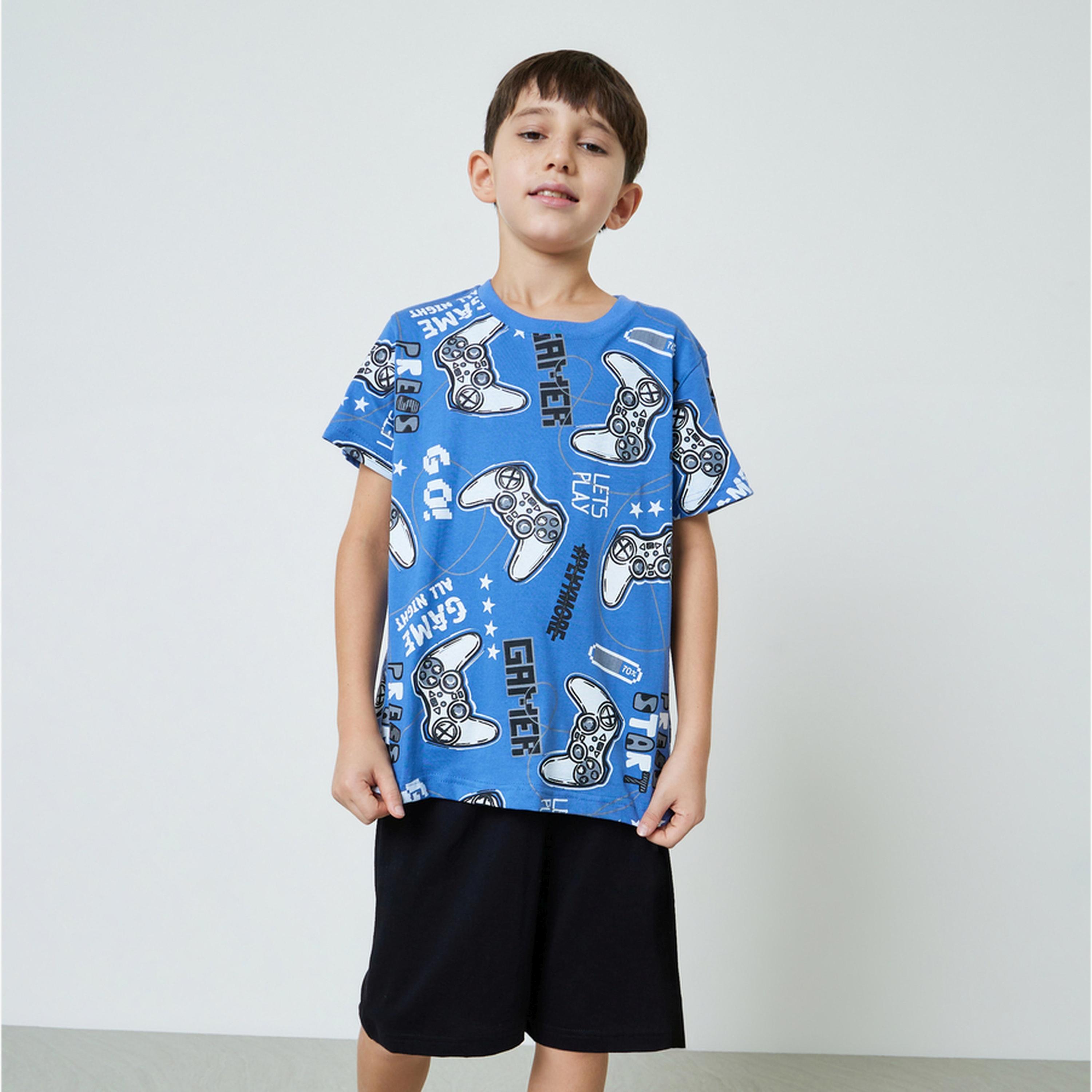 طقم بيجاما من شورت سادة وتيشيرت بطبعات جرافيك للأولاد-boys-clothing-nightwear-image-1
