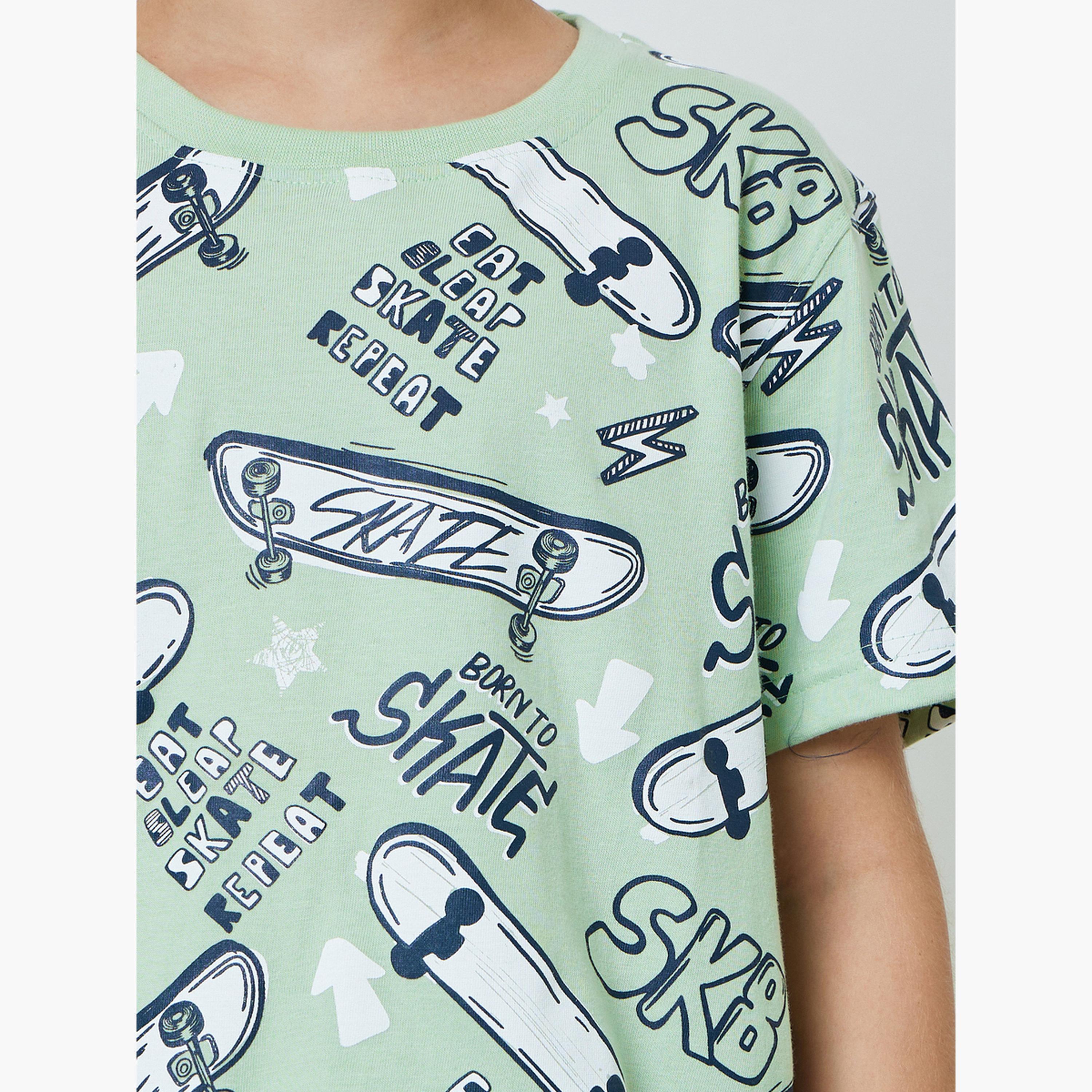 طقم شورت وتيشيرت قطن بطبعة متزلج للأولاد-boys-clothing-nightwear-image-7