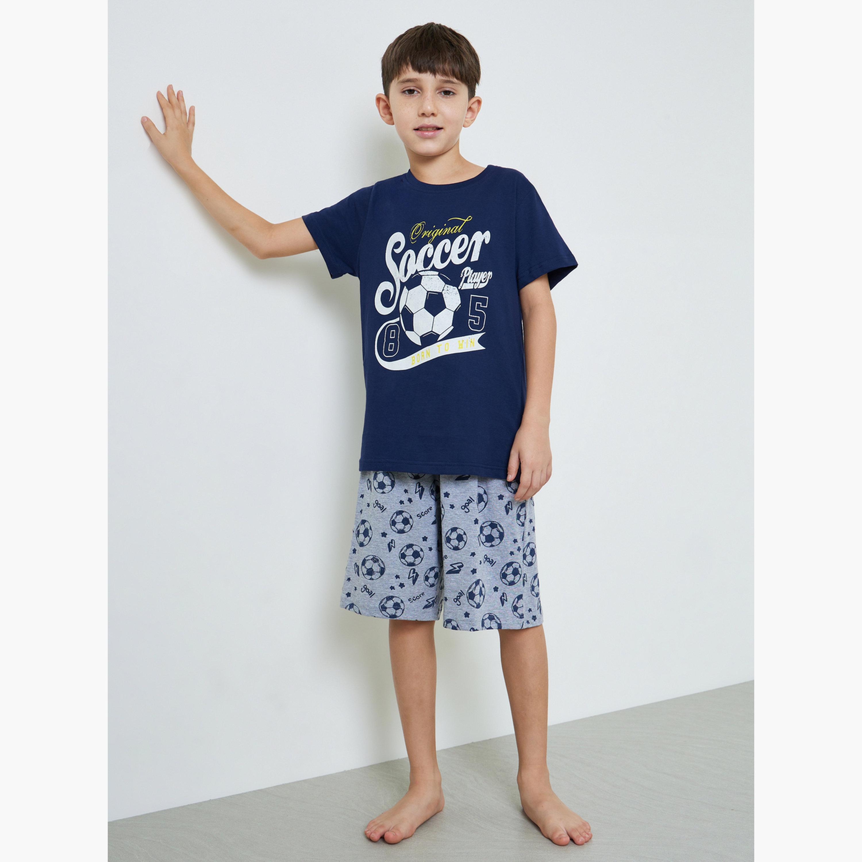 طقم شورت وتيشيرت قطن بطبعة كرة القدم للأولاد-boys-clothing-nightwear-image-2