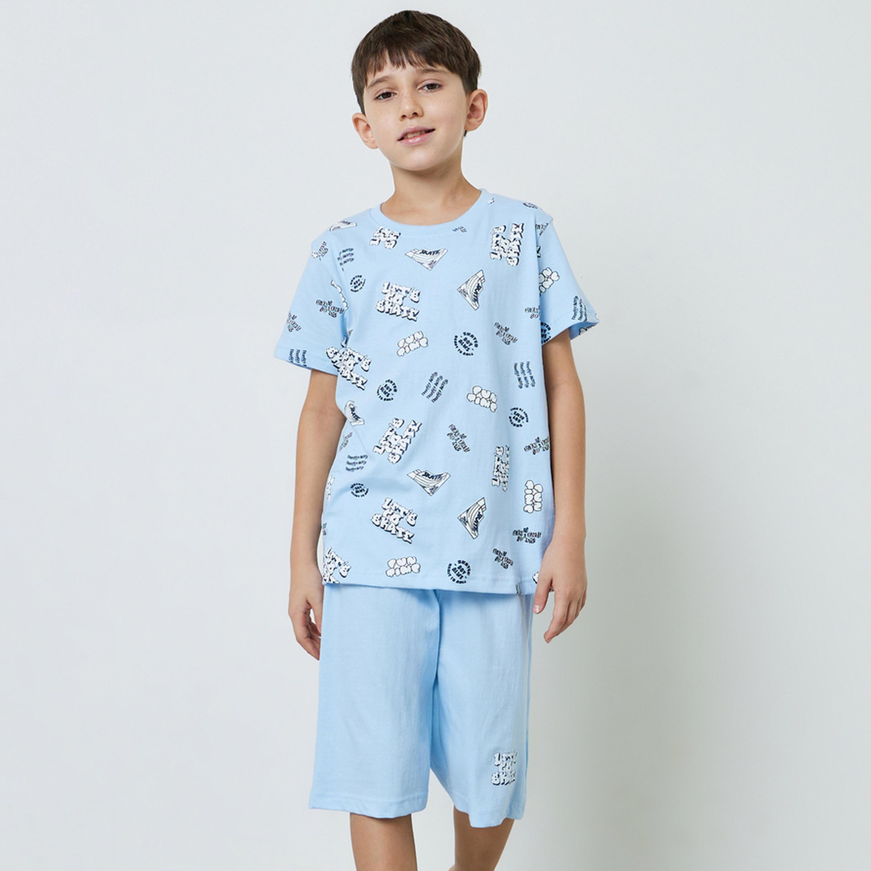 Styli Teen Boys Blue Graphic Print T-Shirt and Side Pockets Shorts Pyjama Set-boys-clothing-nightwear-image-1