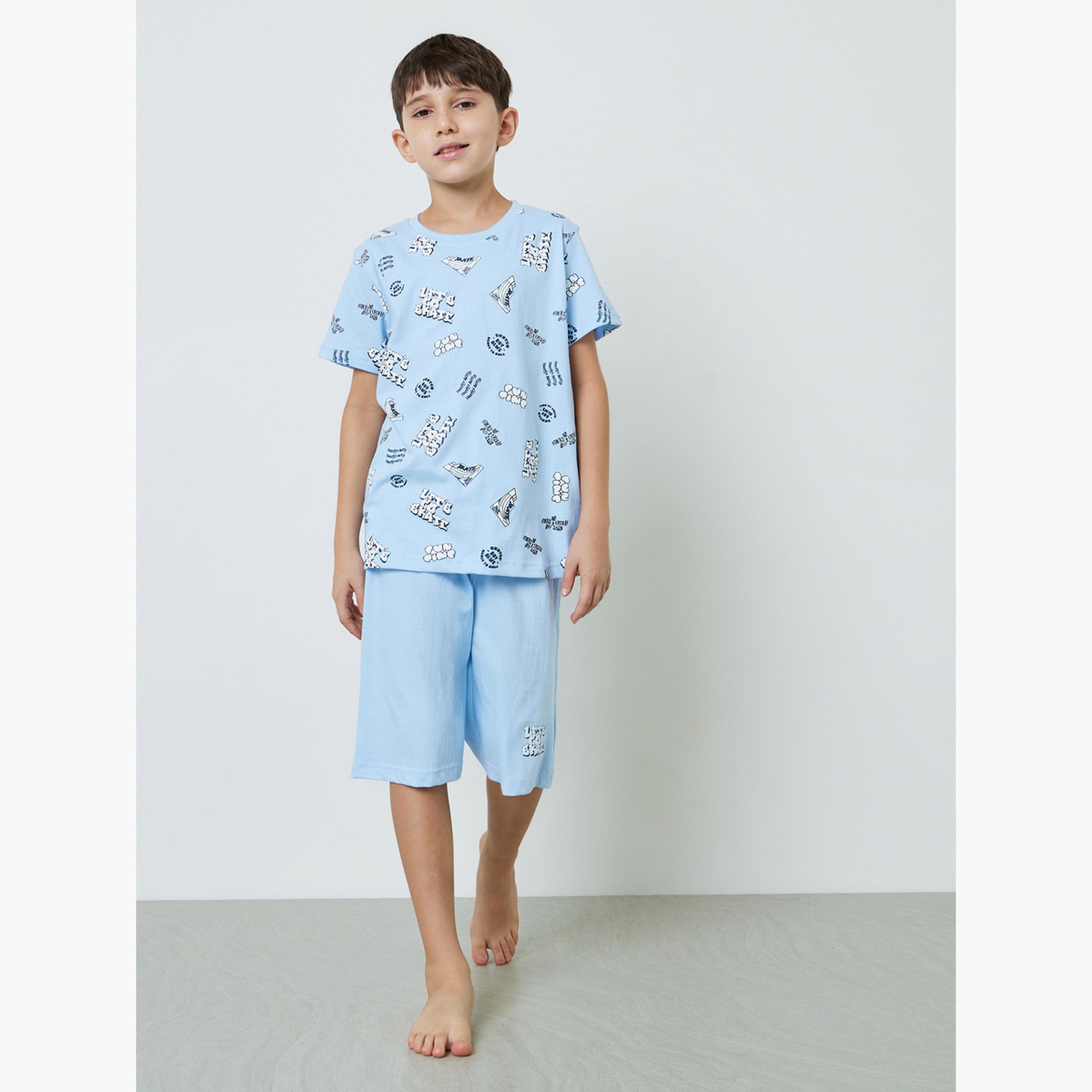 Styli Teen Boys Blue Graphic Print T-Shirt and Side Pockets Shorts Pyjama Set-boys-clothing-nightwear-image-2