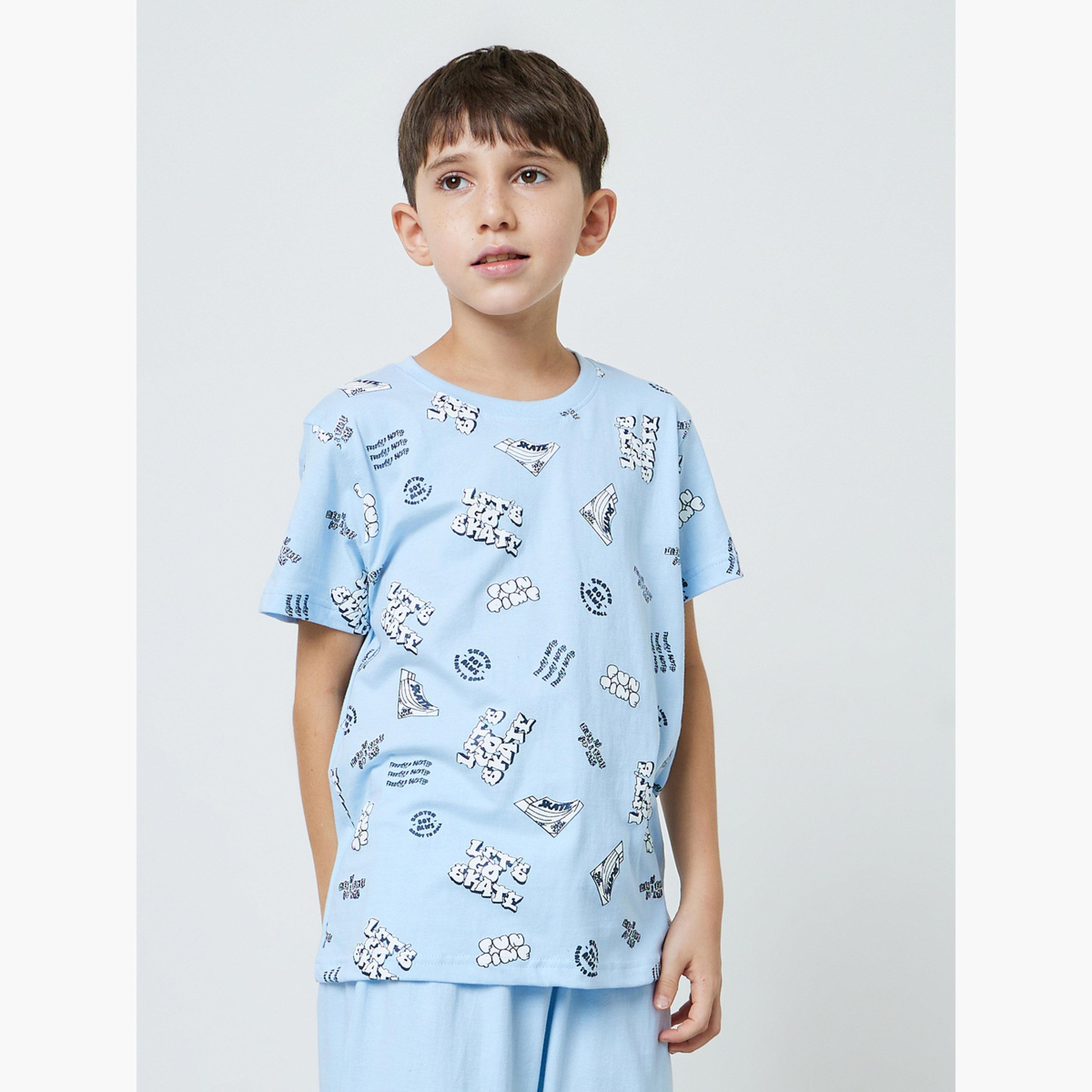 Styli Teen Boys Blue Graphic Print T-Shirt and Side Pockets Shorts Pyjama Set-boys-clothing-nightwear-image-3