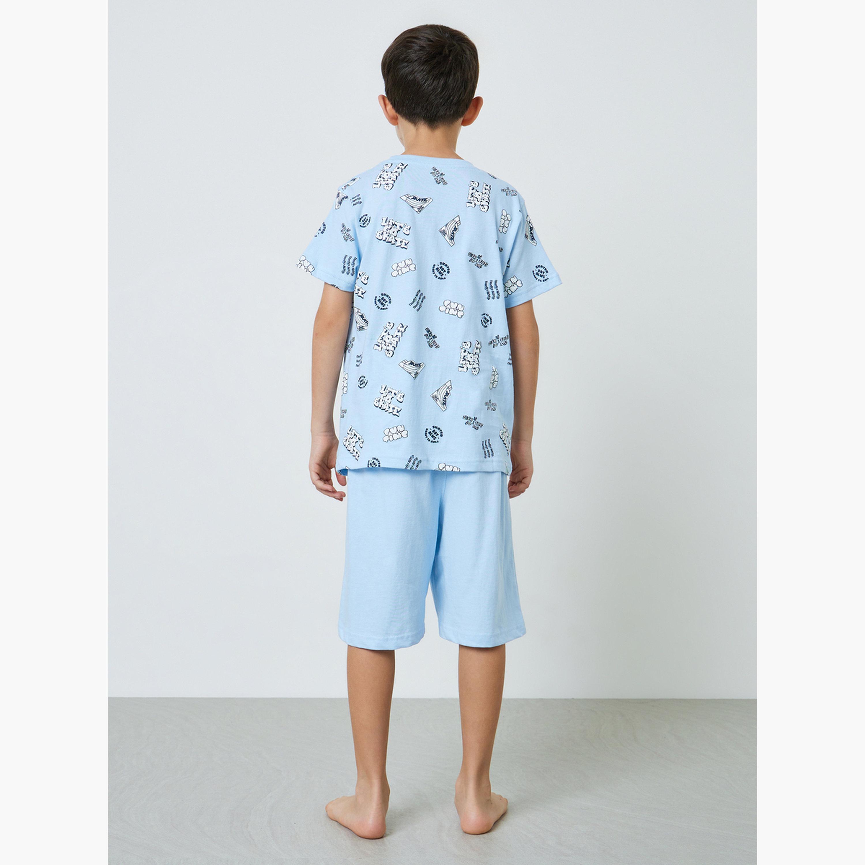 Styli Teen Boys Blue Graphic Print T-Shirt and Side Pockets Shorts Pyjama Set-boys-clothing-nightwear-image-4