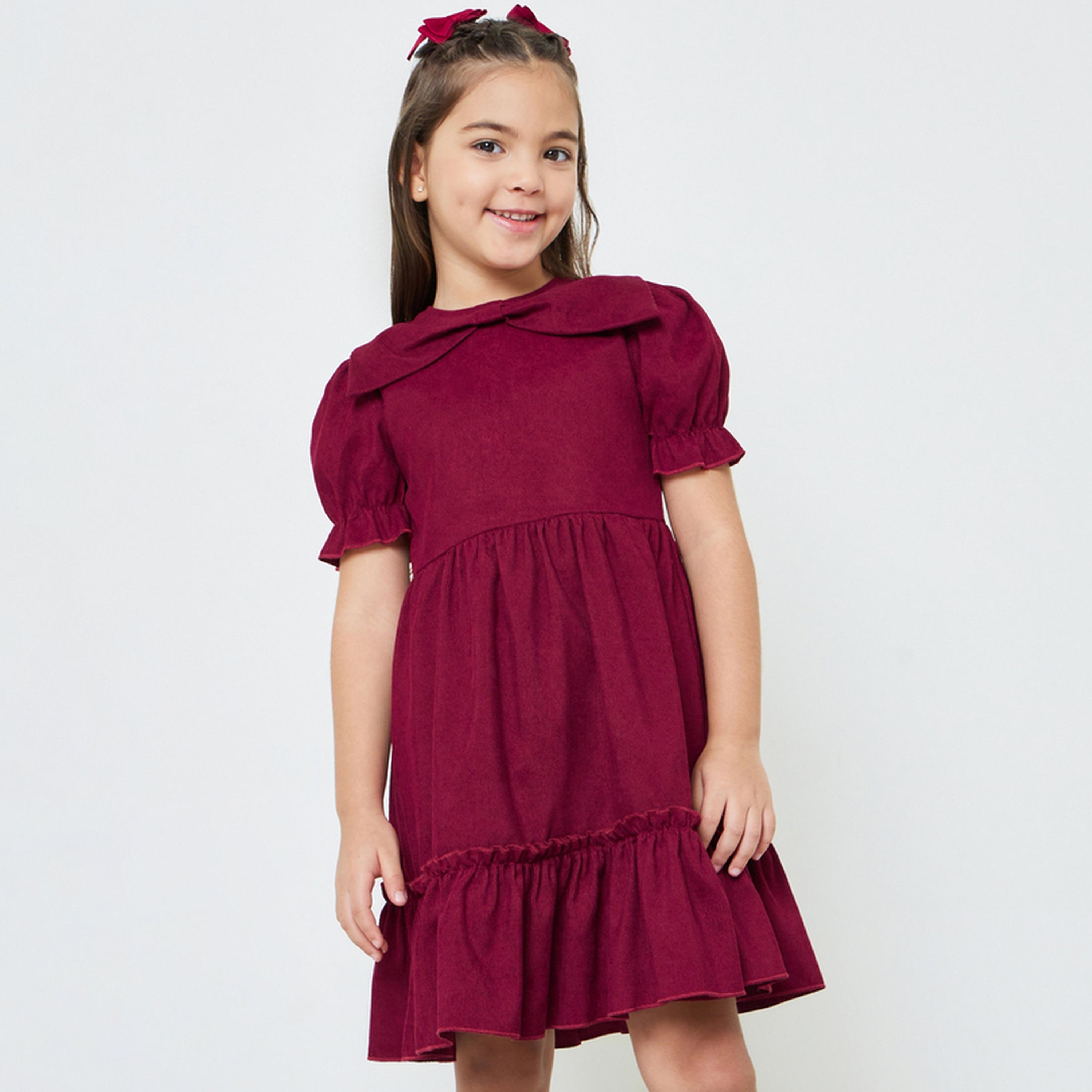 Styli Girls Solid Puff Sleeves Dress with Bow Detail-girls-clothing-bottoms-skirts-image-1